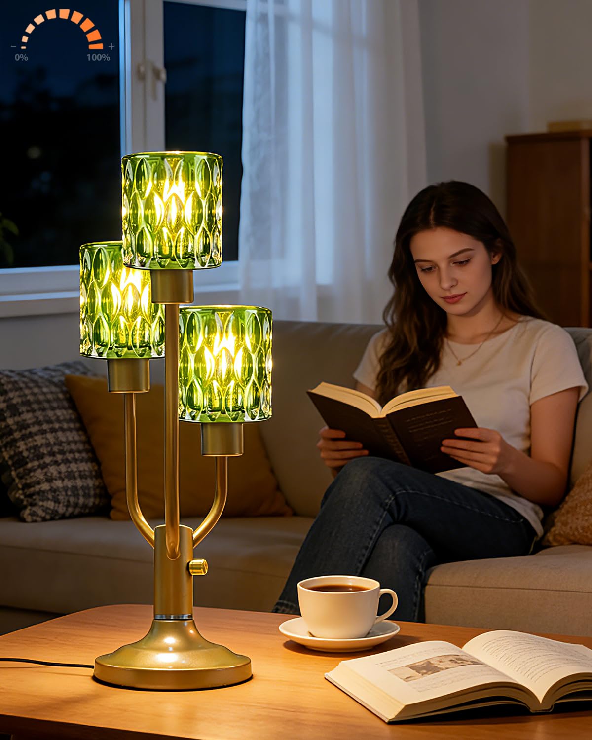 Lightdot Mid Century Glass Table Lamp 3-Light Gold Dimmable Desk Lamp with Green Glass Shade & Bulb Included 3000K Warmwhite Farmhouse Nightstand Lamp for Living Room Bedroom Bedside