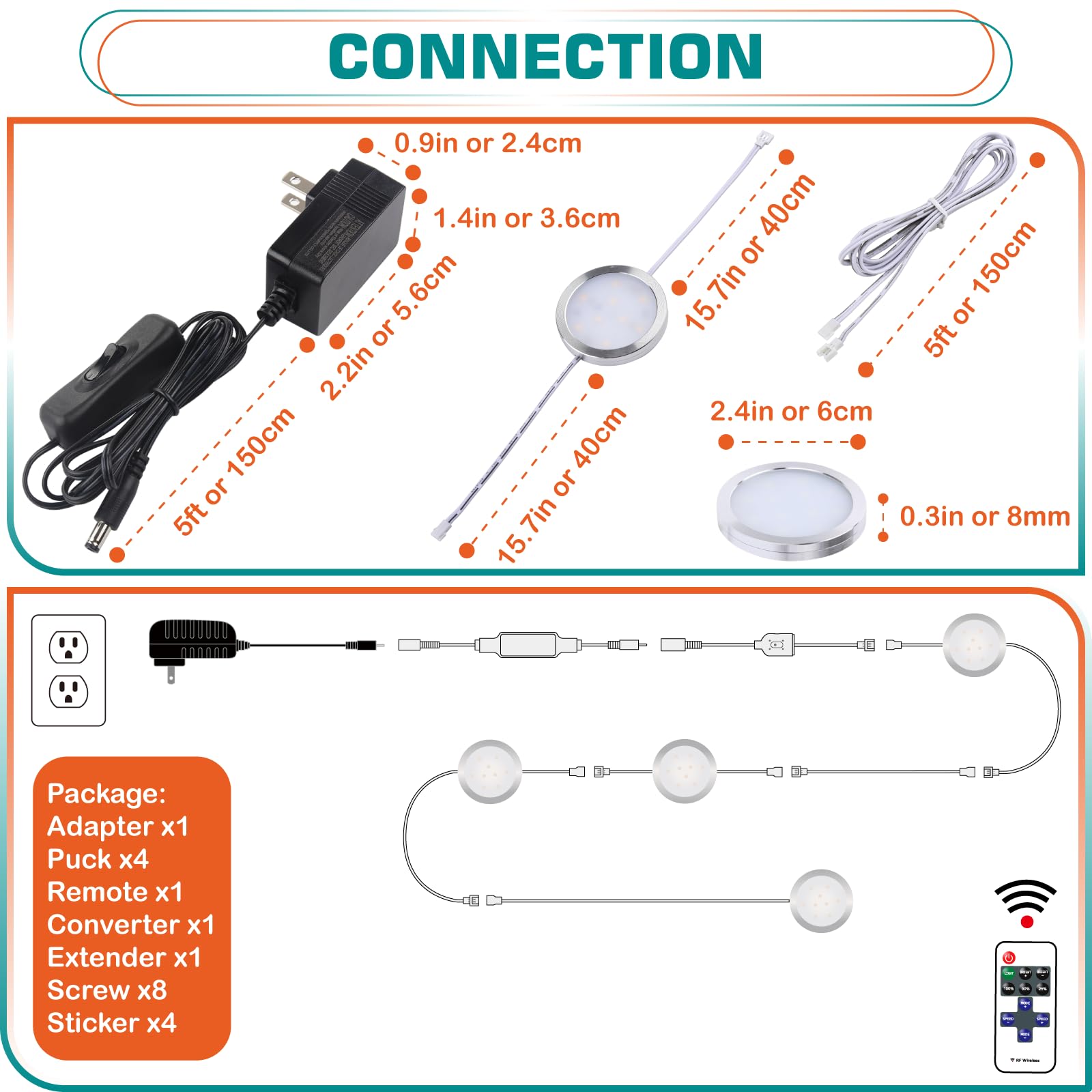 Lvyinyin Round Led Puck Lights Of Dia 2.4&quot;, Glass Display Cabinet Light Strip, Wireless Rf Remote Control Dimmable, 110V Plugged In, Daisy Chain Linkable, White Cords, Warm White 2700K, 4 Lights