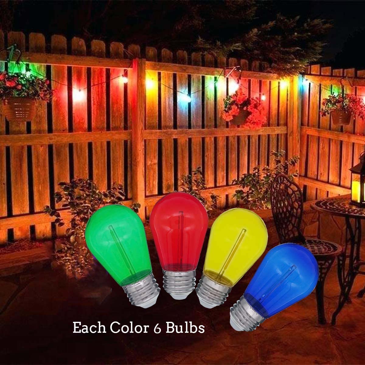 Jslinter String LED Light Bulbs - 1W Plastic S14 Replacement - Shatterproof - 24 Pack - Multi-colored