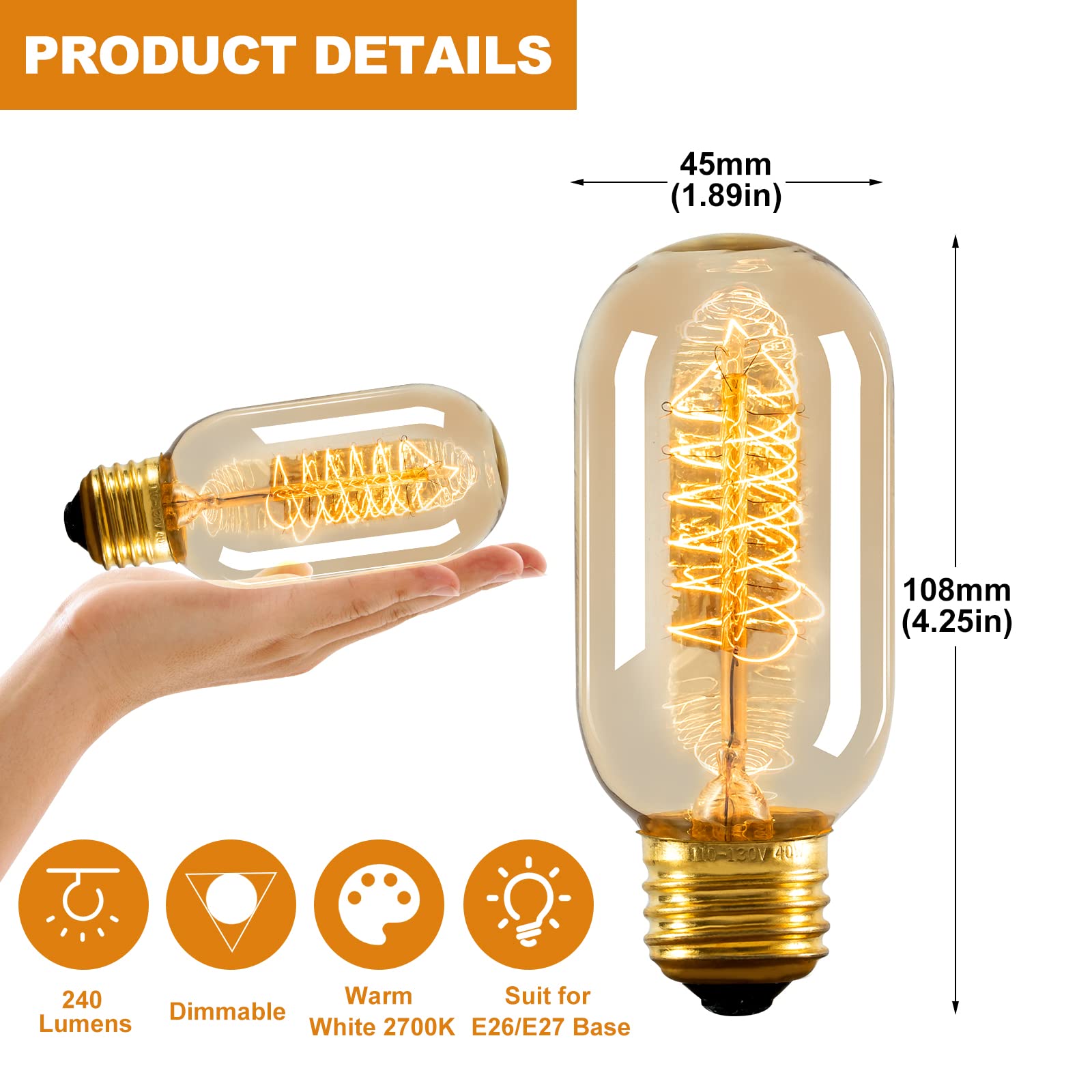 Nuodifan Edison Bulbs,4-Pack Vingtage Filament Light Bulb,T45 2700K Warm Light 40 Watt,110V-130V E26/E27 Base Dimmable Decorativ