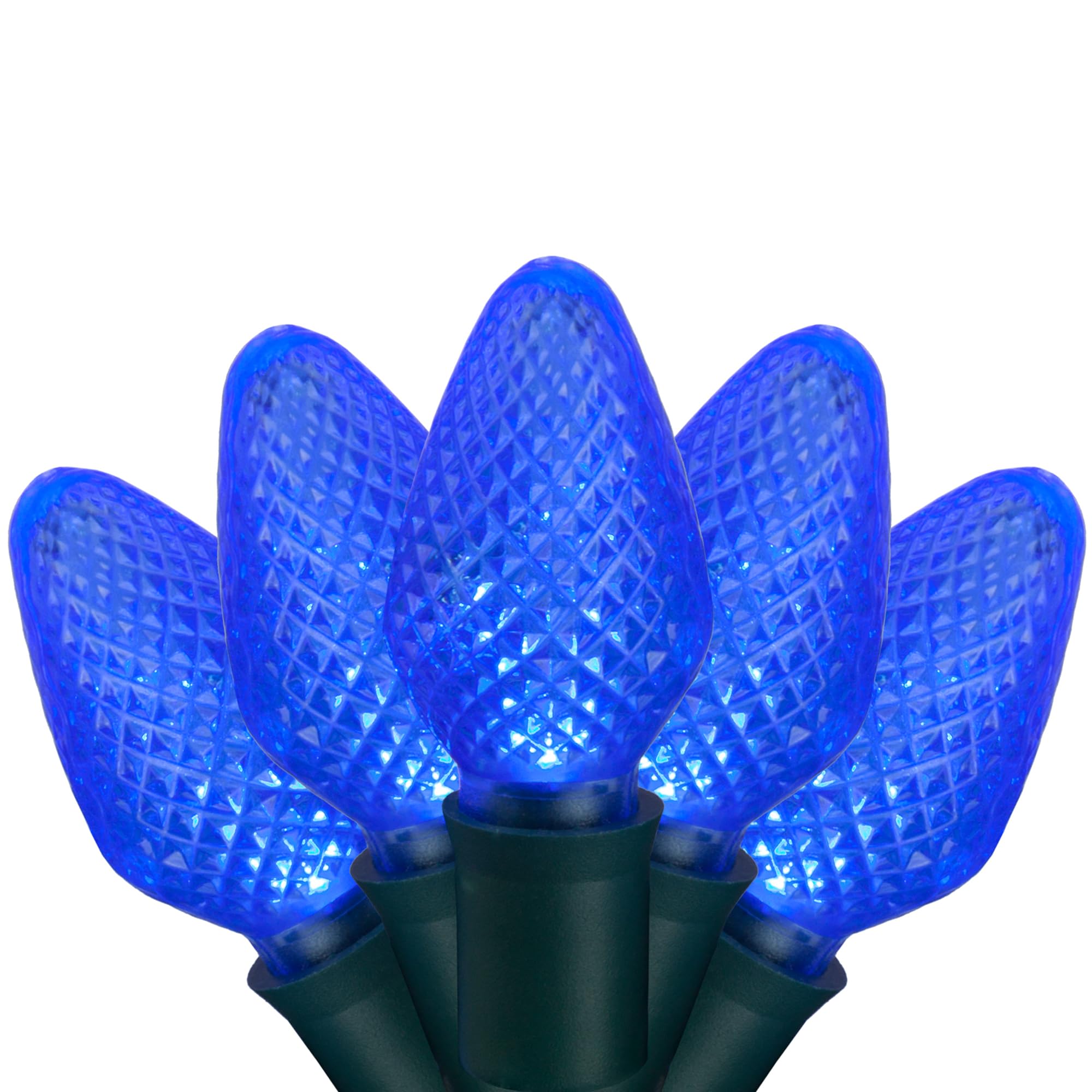 C7 Led Faceted Blue Prelamped Light Set, Green Wire - 25 C7 Blue Led Christmas Lights, 8&quot; Spacing