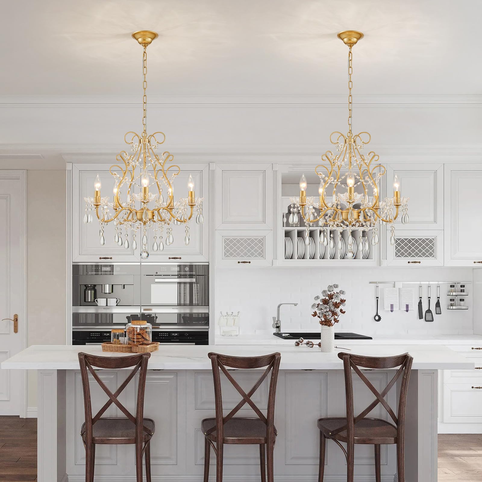 Wuzups 5-Light Crystal Candle Chandelier Pendant Ceiling Light Modern Lighting Fixture For Bedroom Hallway Bar Kitchen Bathroom  H 23.2 W 20.7  E12 Base  Gold