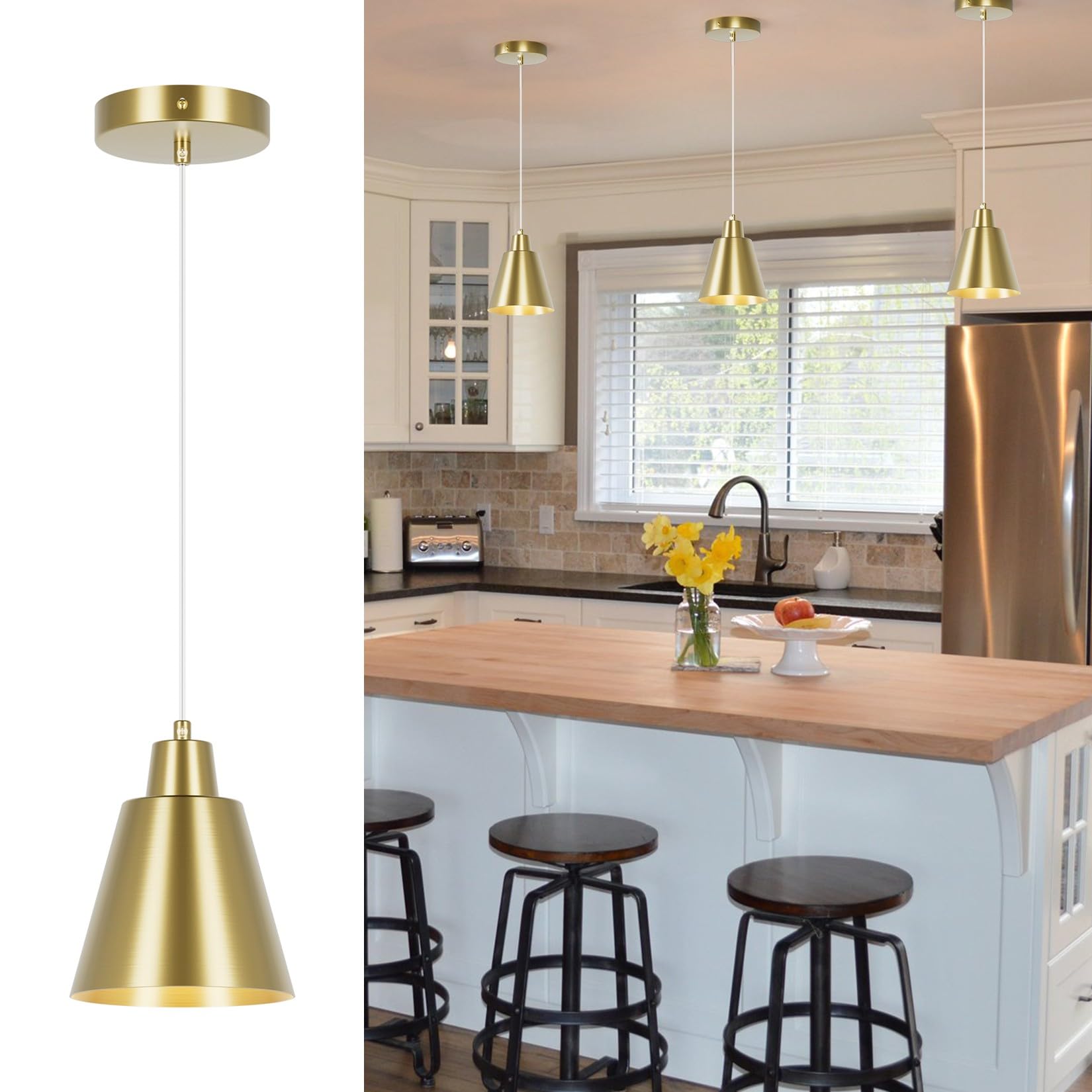 Brass Industrial Vintage Pendant Lights - Kitchen Island, Dining Table, Bedroom Bar - Black Metal Shade, 3 Pack
