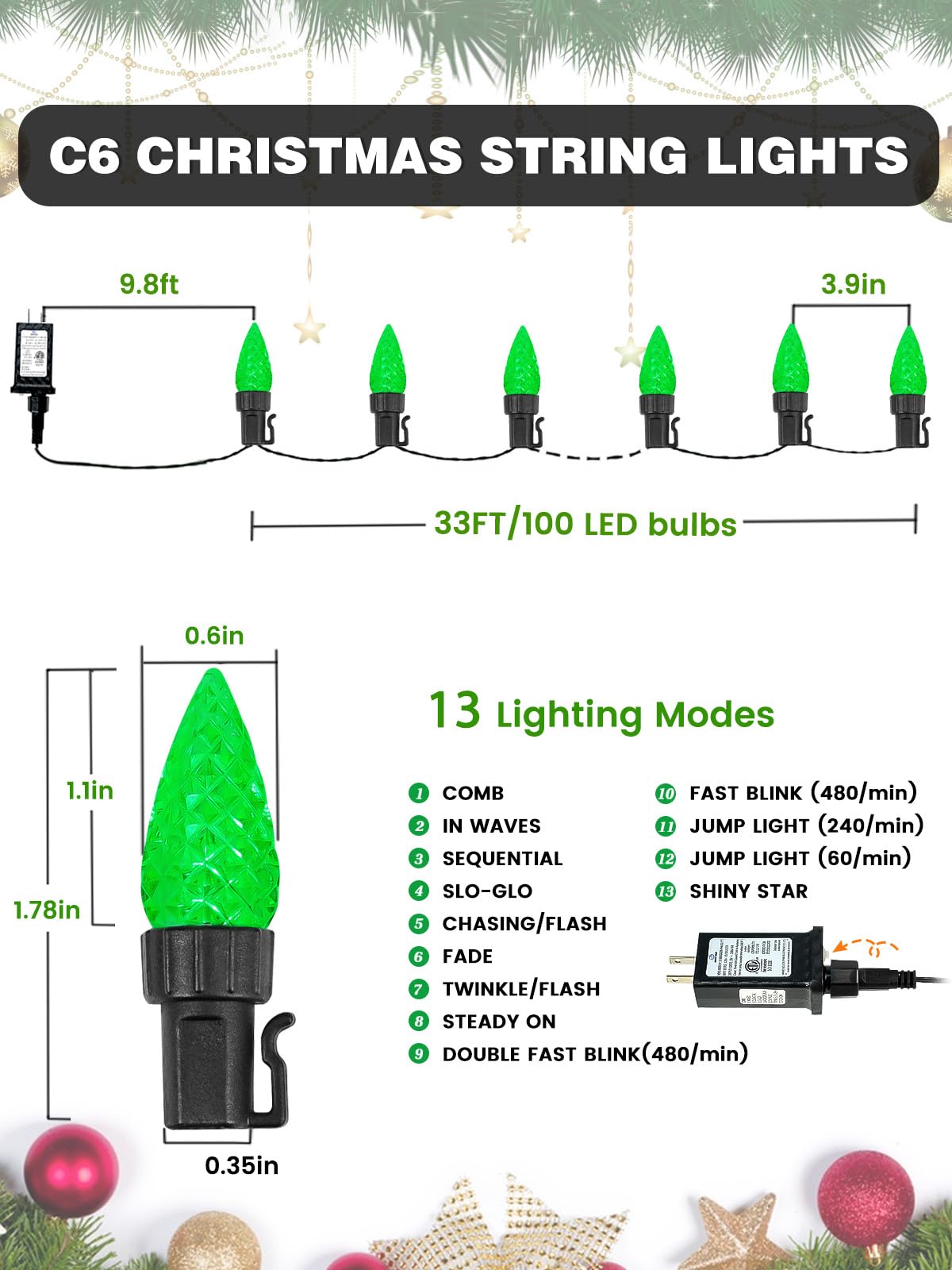 2 Pack C6 Christmas Lights Outdoor Indoor  Total 200 Led 66 Ft Connectable Christmas String Lights With Timer & 13 Modes  Waterproof Twinkle Light For Xmas Tree Yards Party Wedding Decorations (Green)