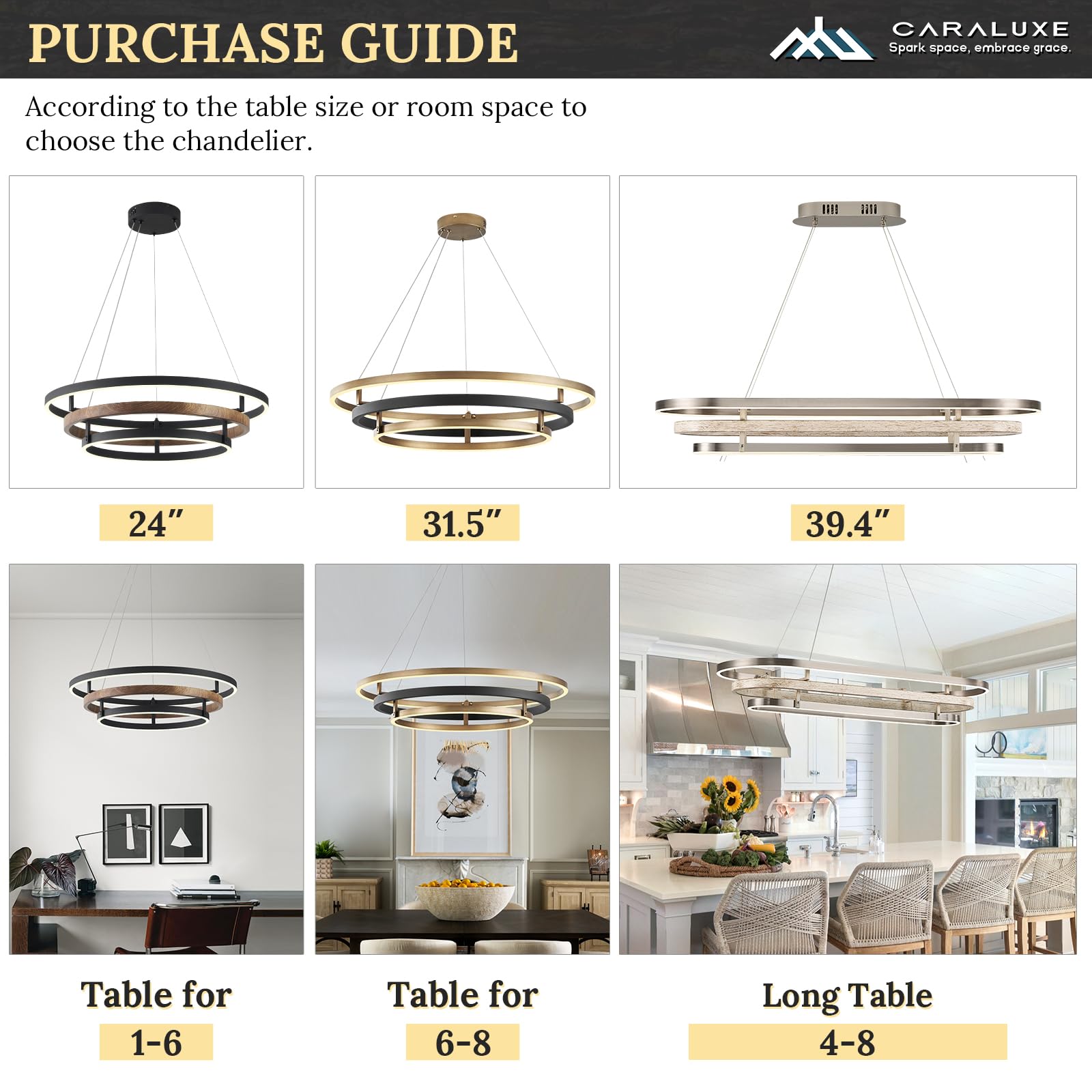 CaraLuxe 3 Ring LED Chandelier - 31in Dimmable Metal Light Fixture, Walnut Wood Black Finish for Foyer, Dining Room, Bedroom, Office