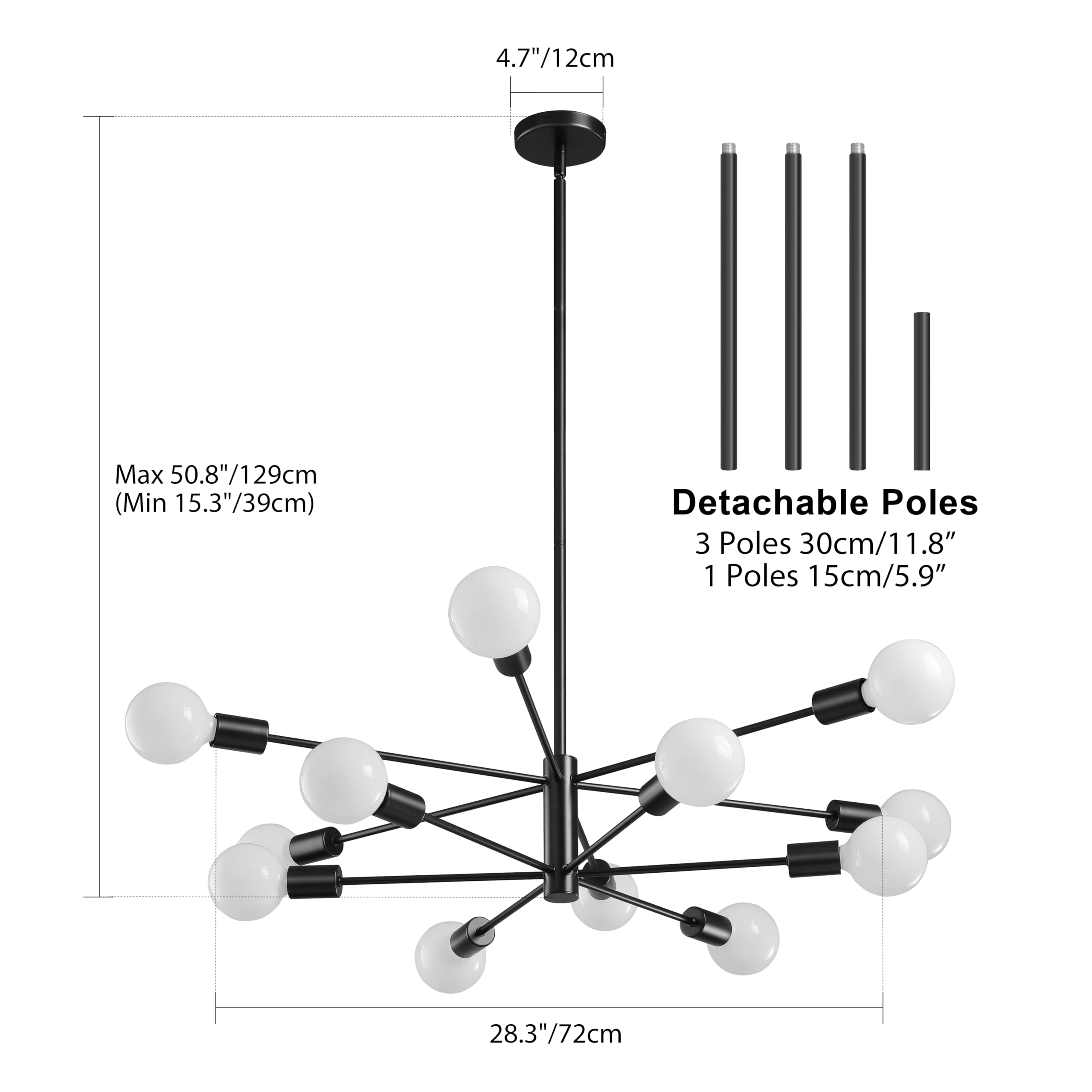 Ruiyey Modern Sputnik Chandeliers Light, 12-Light Black Chandeliers For Dining Room, E26 Height Adjustable Chandelier Ceiling Li