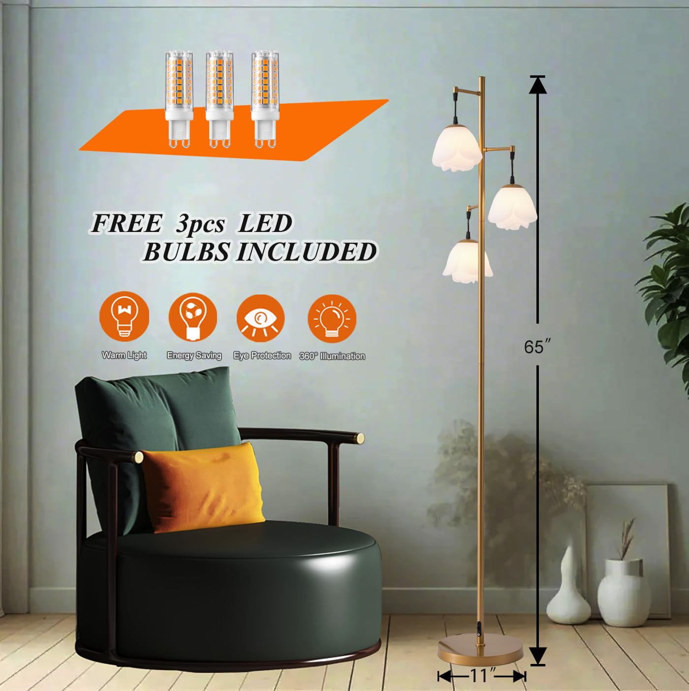 Fiqevs Vintage Flower Floor Lamp - 3 LED Bulbs, Antique Brass, 3x6W G9, Tree Flower Gold