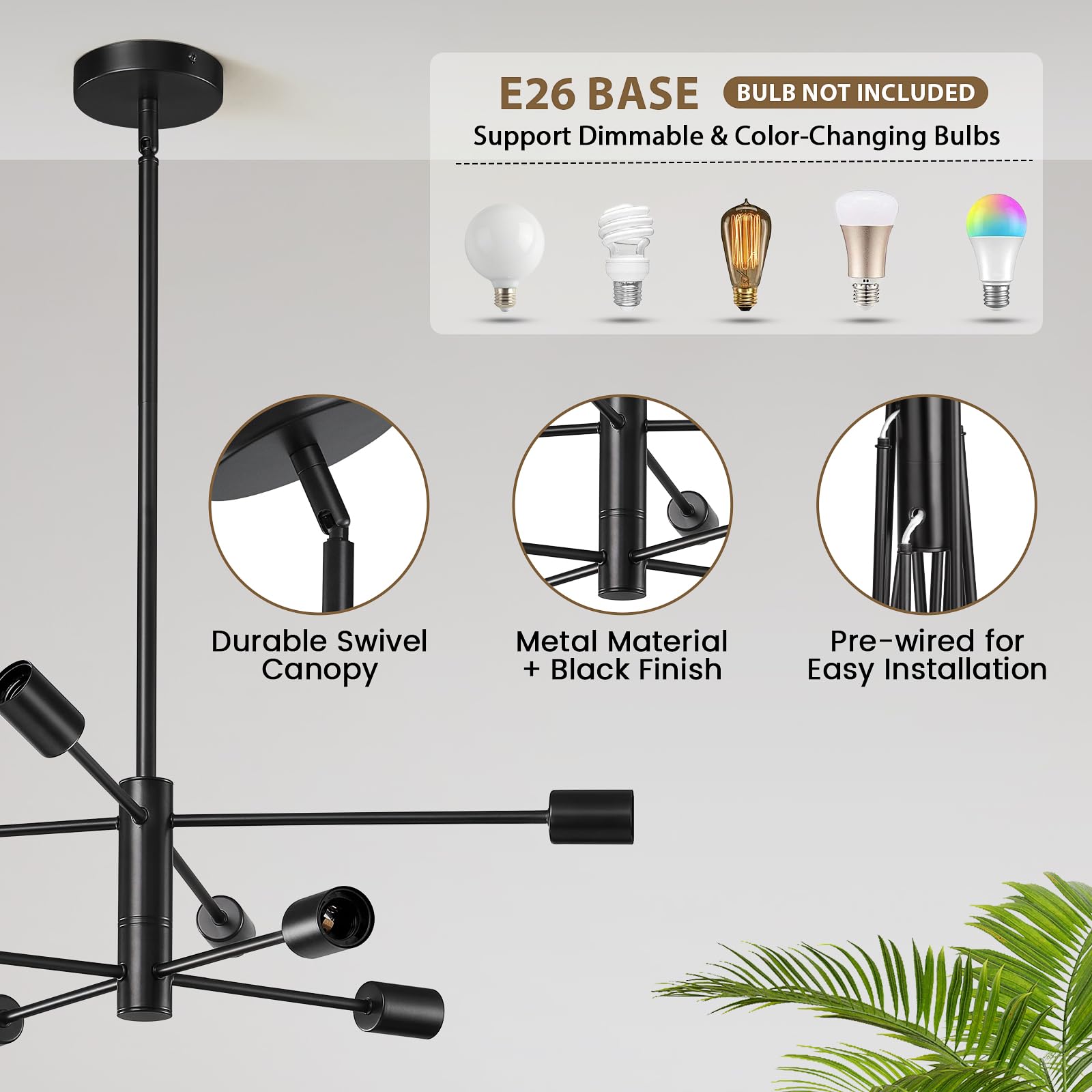 Kaisite Modern Chandelier Sputnik Ceiling Light Fixture Black Chandelier For Bedroom Living Room 8-Light Height Adjustable Dinin