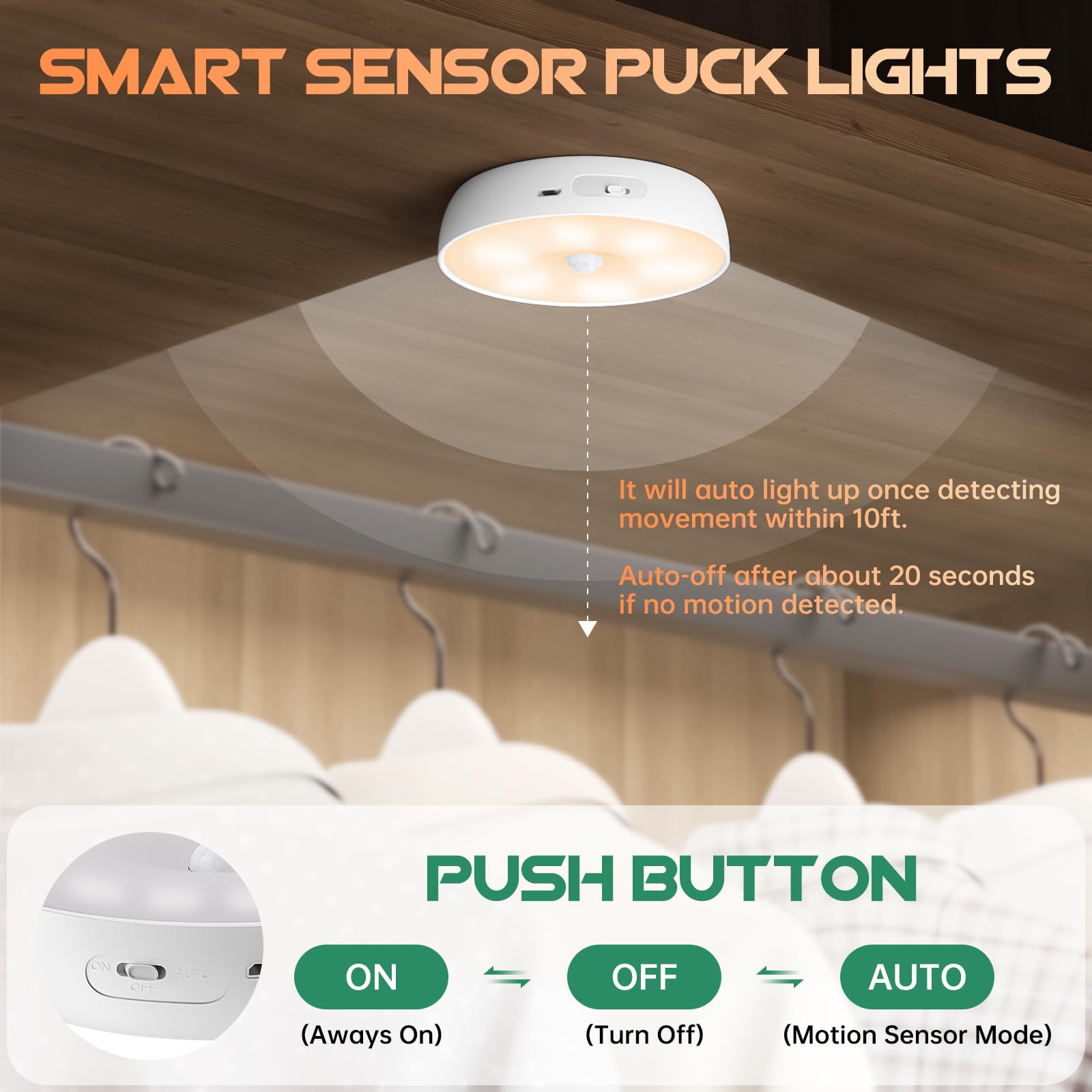 Wireless Motion Sensor Puck Lights, 8 Colors Changeable Rgb Led Closet Lights With Remote, Usb Rechargeable Battery Operated Puc