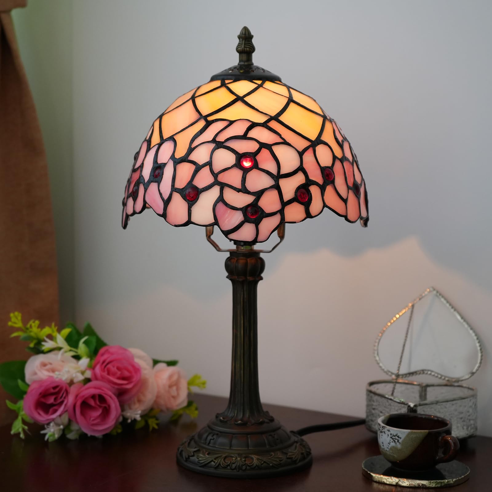 wecrejoni Tiffany Lamp Stained Glass Table Lamp 8x8x14 Inches Cherry Blossom H-1055 for Bedroom Living Room Decor