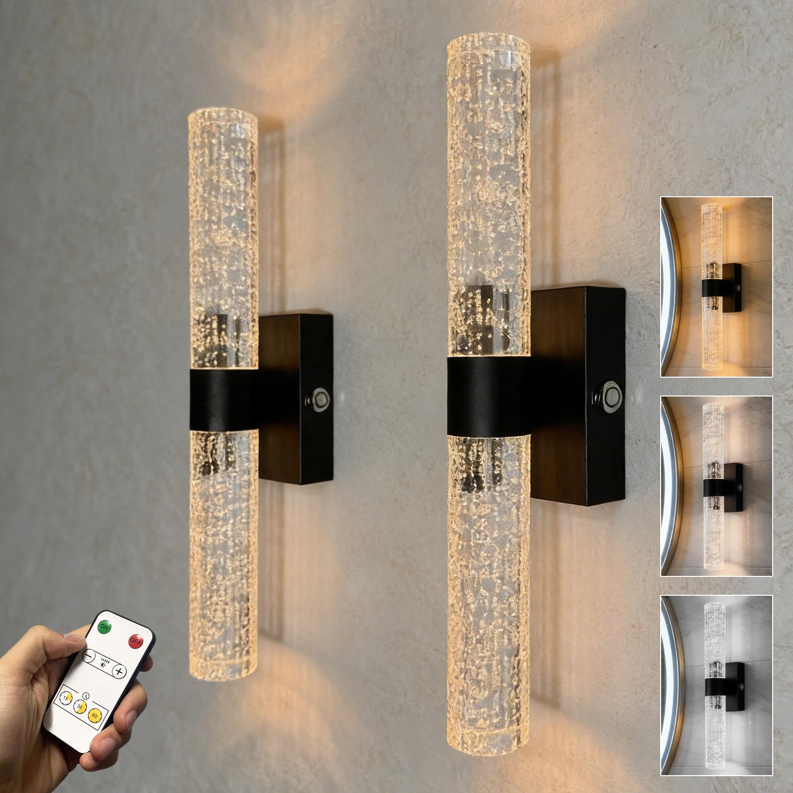 ThyFenno 3 Colors Wireless Wall Sconces with Remote Control  Wall Sconces with Remote Control Black Rechargeable Dimmable Wall Light for Bedroom Living Room Bathroom Hallway Entryway Stairwell