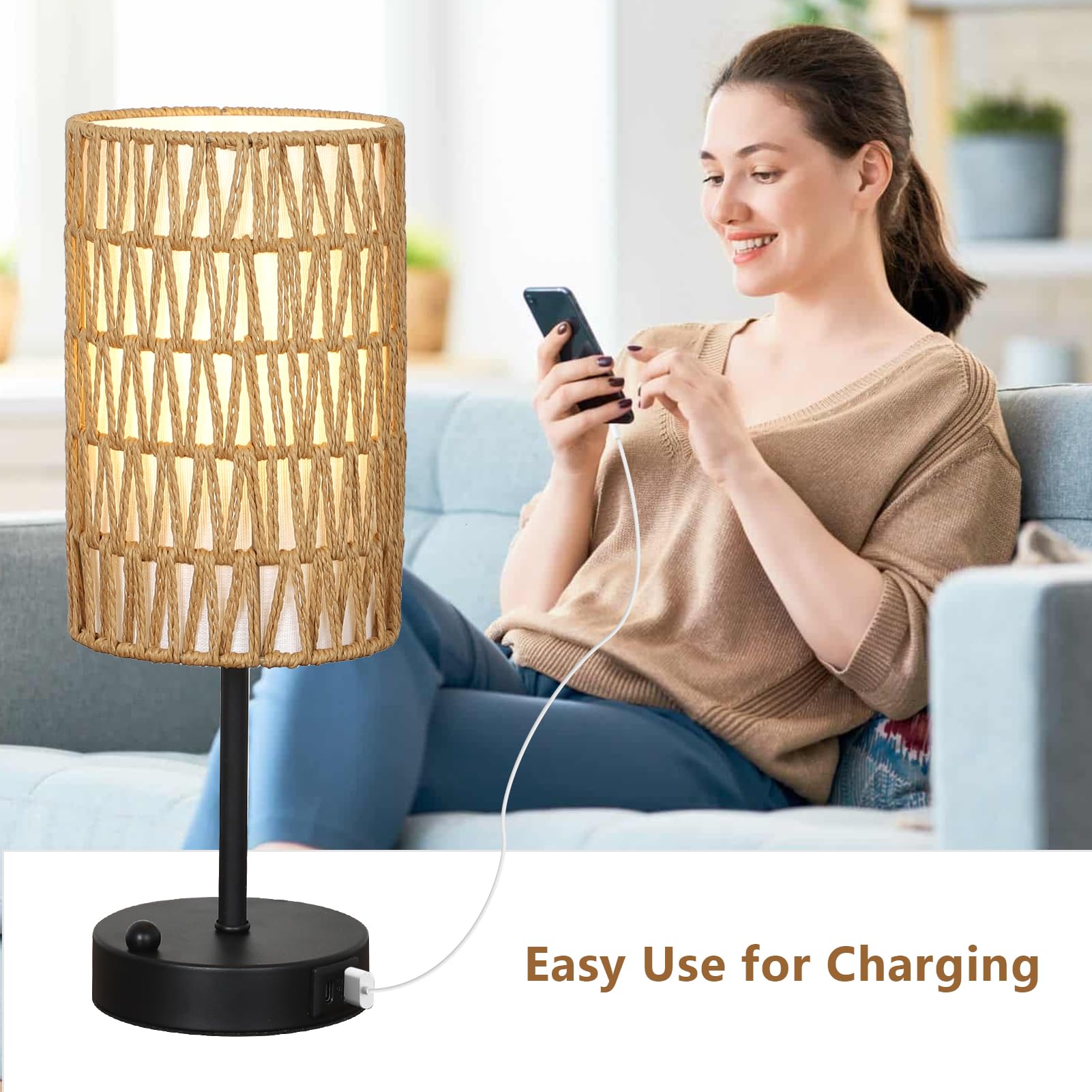 Touch Table Lamp Set Of 2 For Bedroom With Bulb, Boho Small Desk Lamp For Living Room With Rattan & Linen Shade, 3 Way Dimmable
