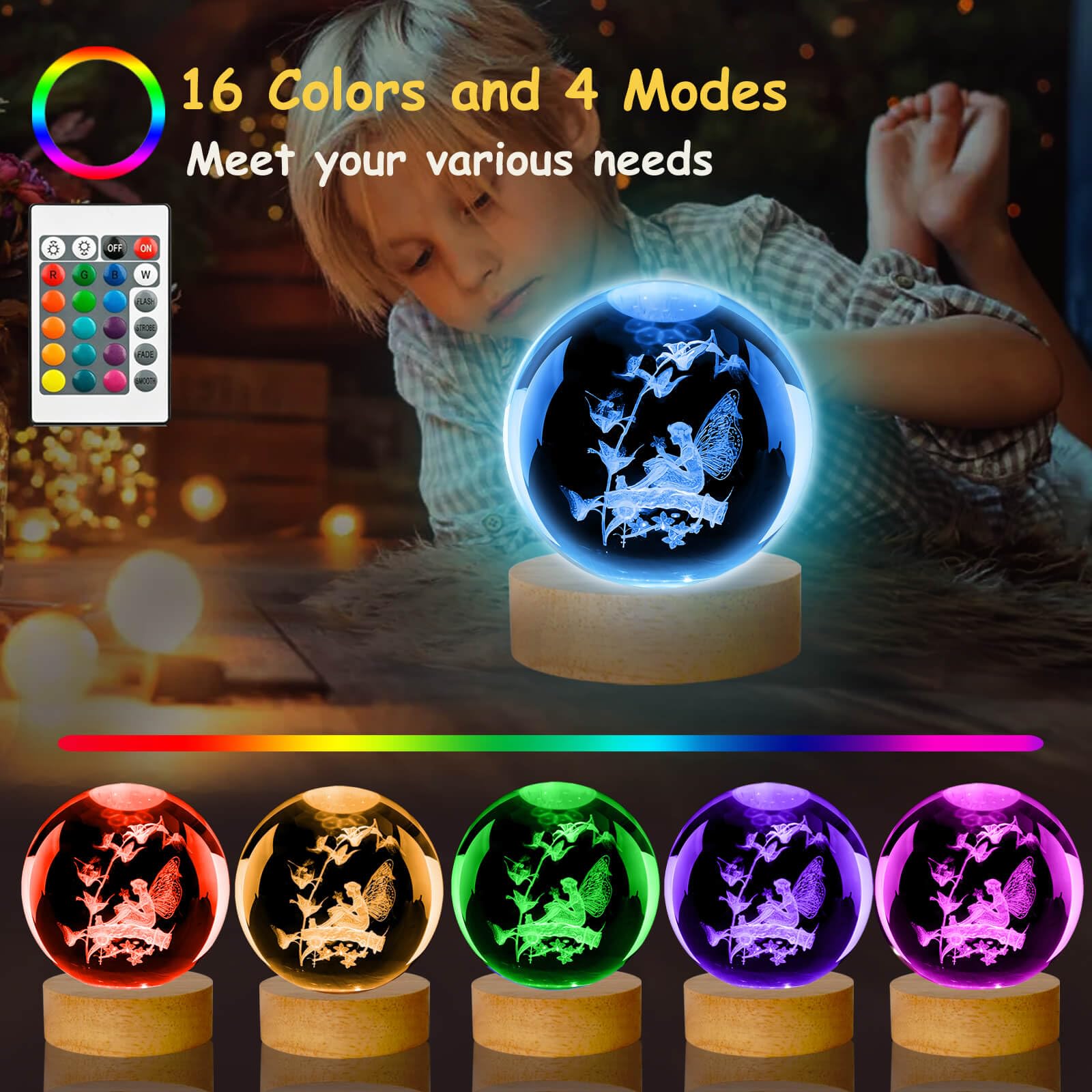 Linsina 3D Flower Fairy Crystal Ball Lamp,60Mm 16 Colors Crystal Ball Night Light With Wooden Base And Remote Control, Fairy Gif