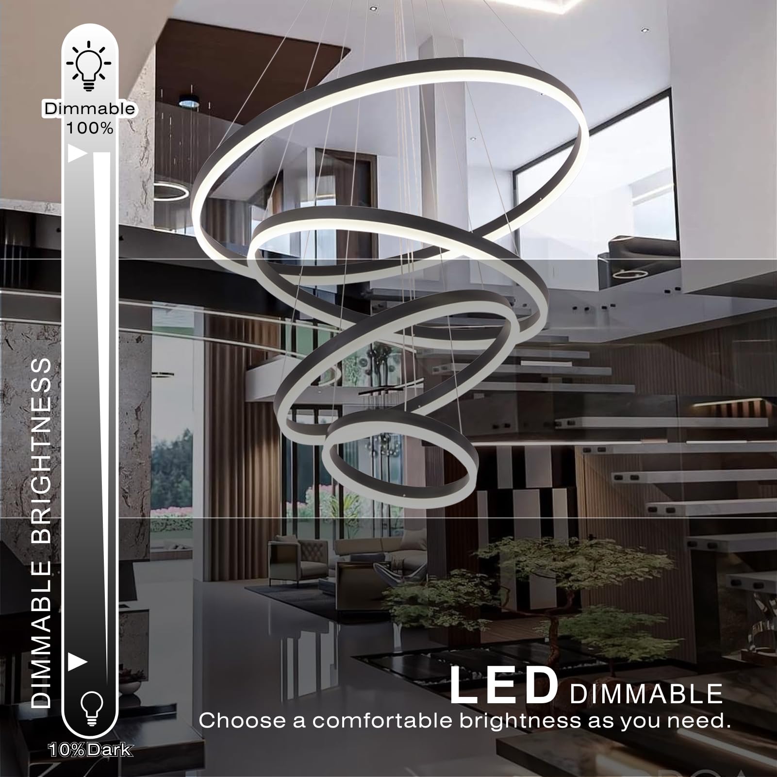 Embring Led Chandelier,4 Ring Chandelier Modern Led Pendant Light,Dimmable Black Modern Chandelier For Dining Room,Luxury High Ceiling Chandelier For Entryway,D31.5 Large Staircase Chandelier