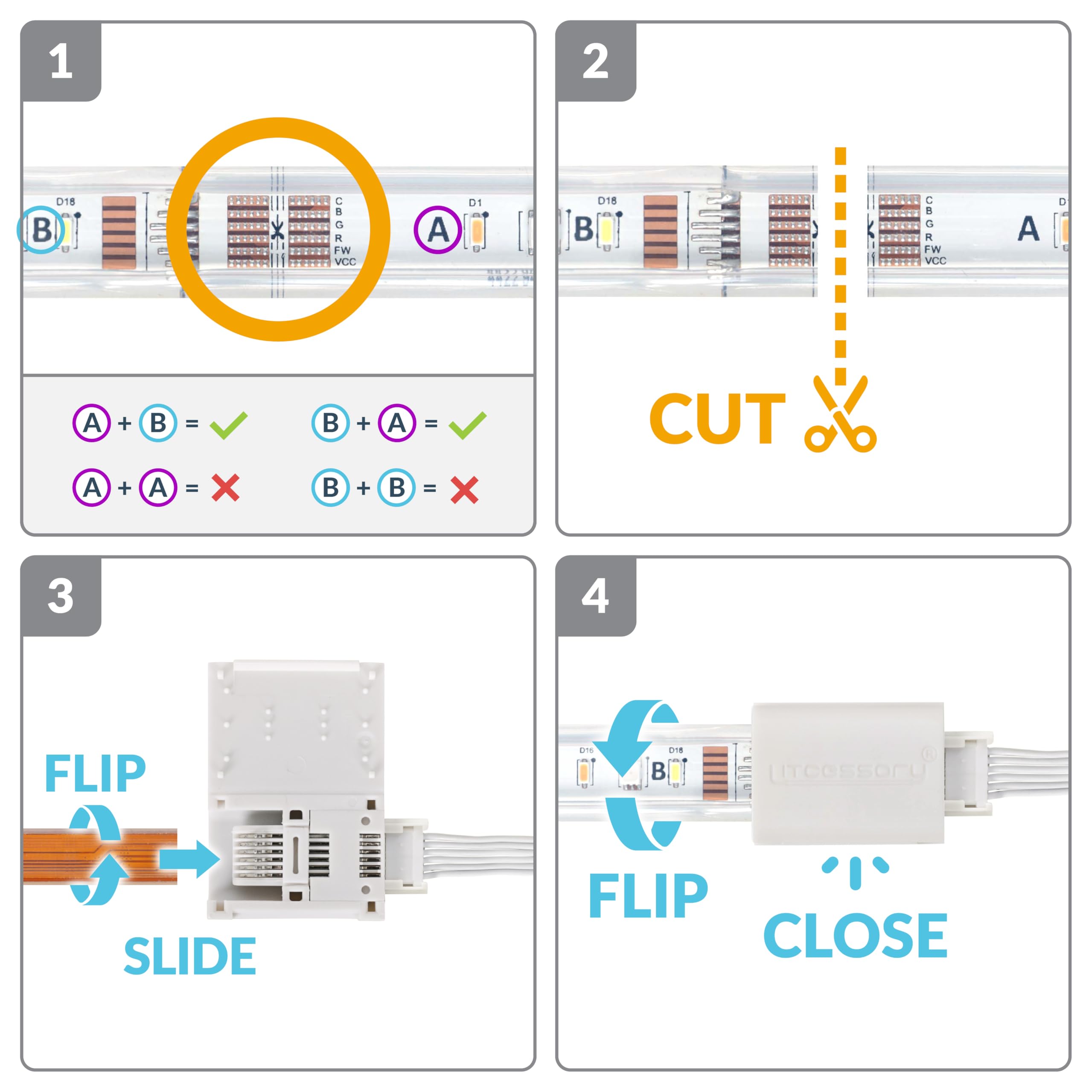 Litcessory 6-Pin Extension Connector for Philips Hue/Solo Lightstrip, 2in, White, 4 Pack - Model LIT-6P-EXT-50mm-W04