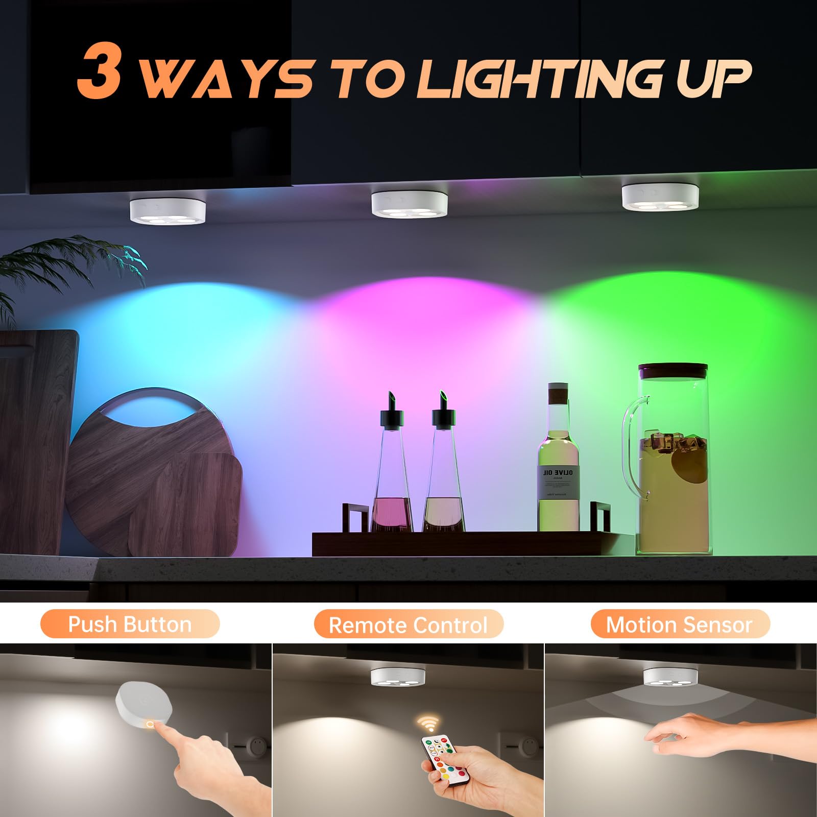 Lightbiz 6PCS Motion Sensor Puck Lights, Wireless Rechargeable, RGB Colors, Under Cabinet, 6 Pack with Stand