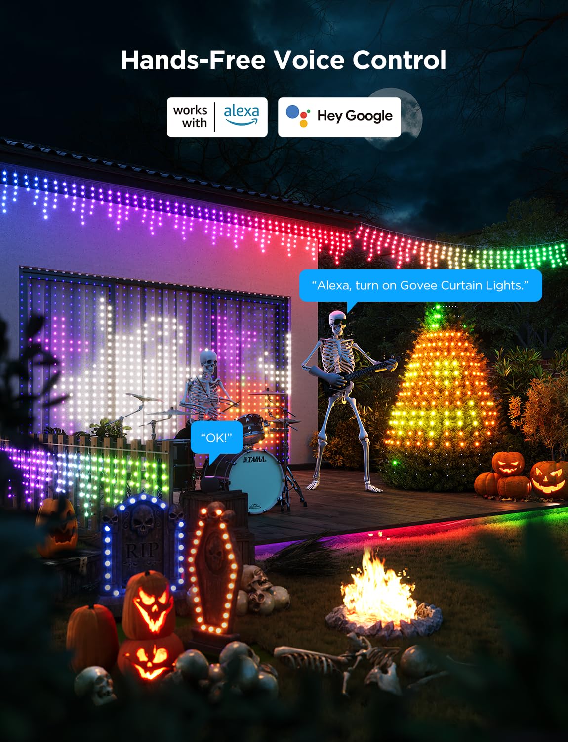 Govee Smart LED Curtain Lights, 520 LEDs, 4.9x6.6ft, RGBIC Color Changing, IP65 Waterproof, Model H70B3, White