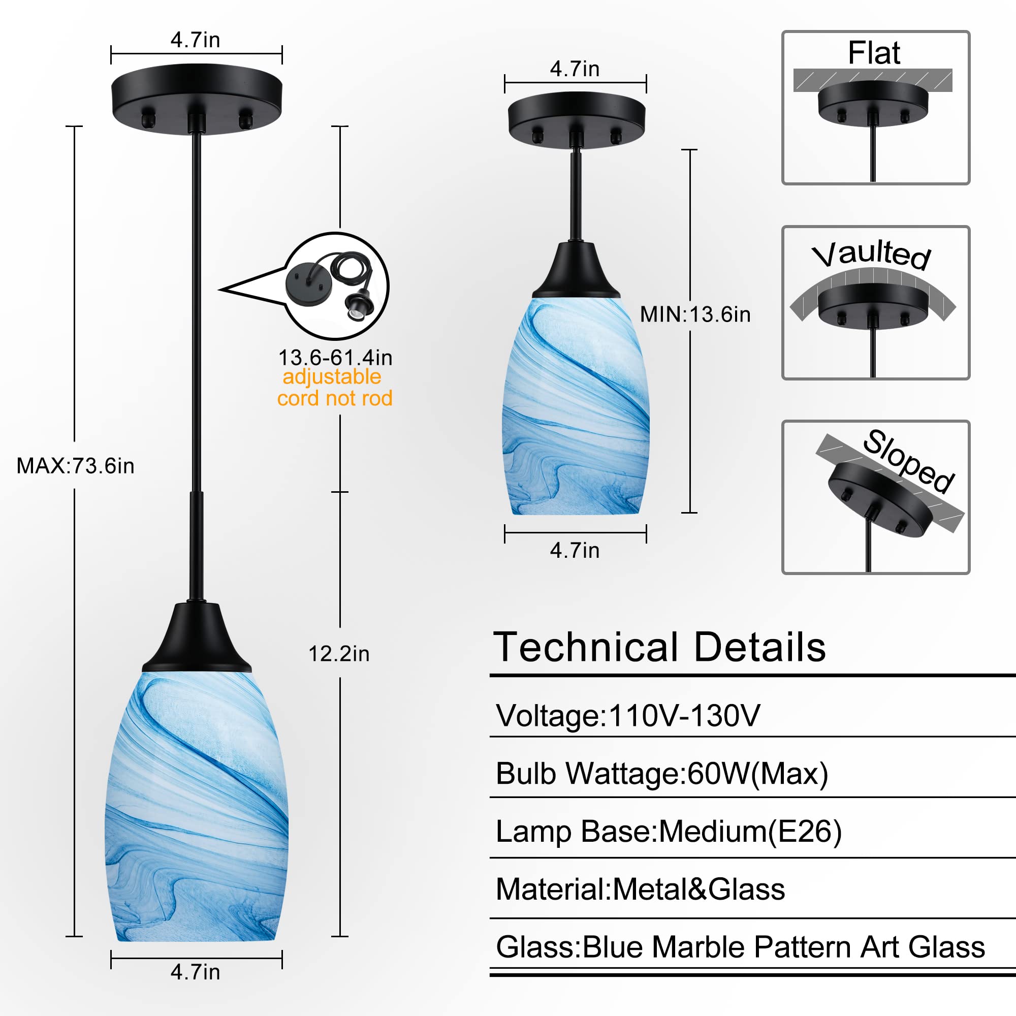 Viinew Mini Glass Pendant Light 1-Pack With Handblown Blue Marble Art Oval Glass Lamp Ceiling Hanging Light,For Dining Room,Kitc