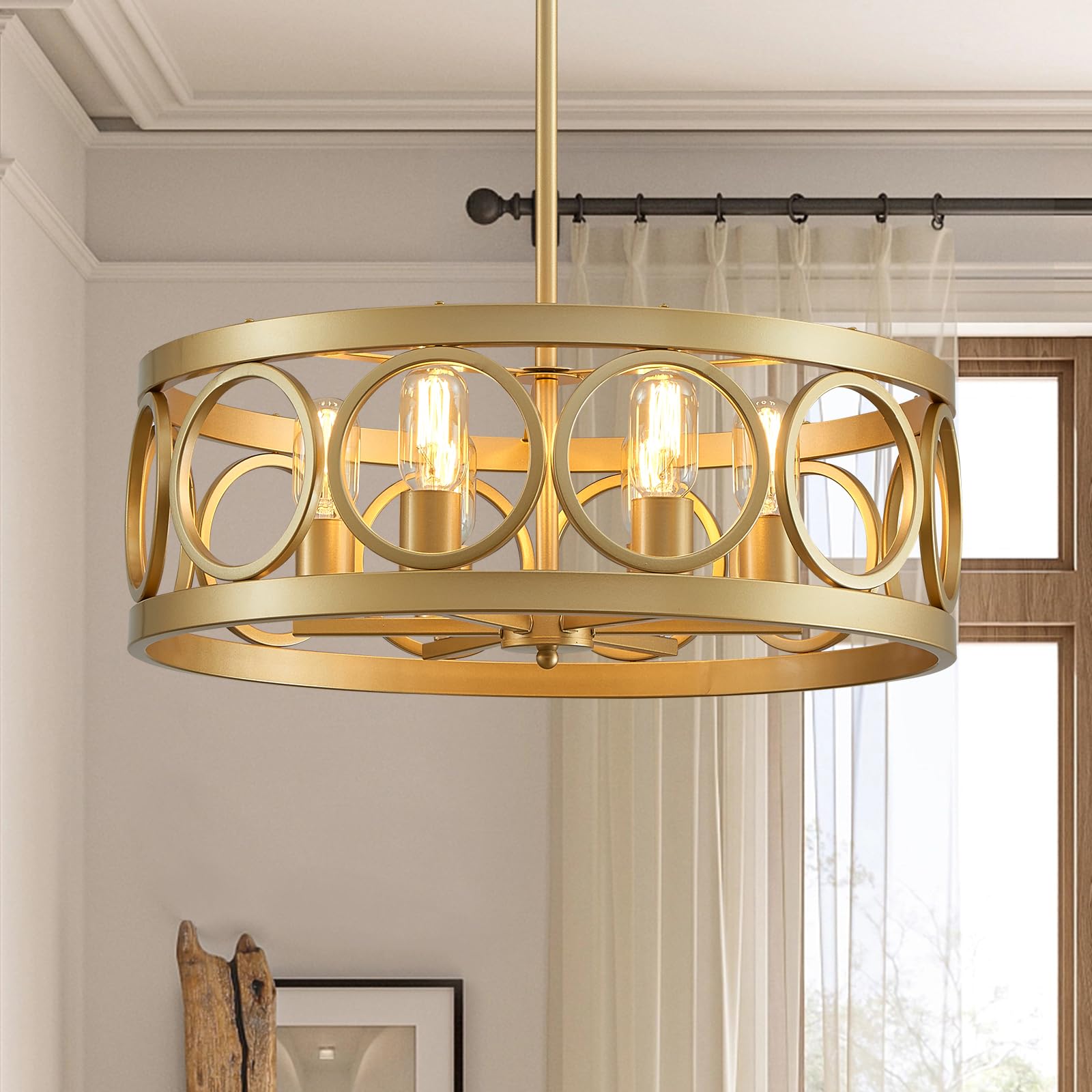 peskoe Gold Dining Room Light Fixture Drum Chandeliers, 6-Light Modern Light Fixtures for Living Room Kitchen Entryway Bedroom F