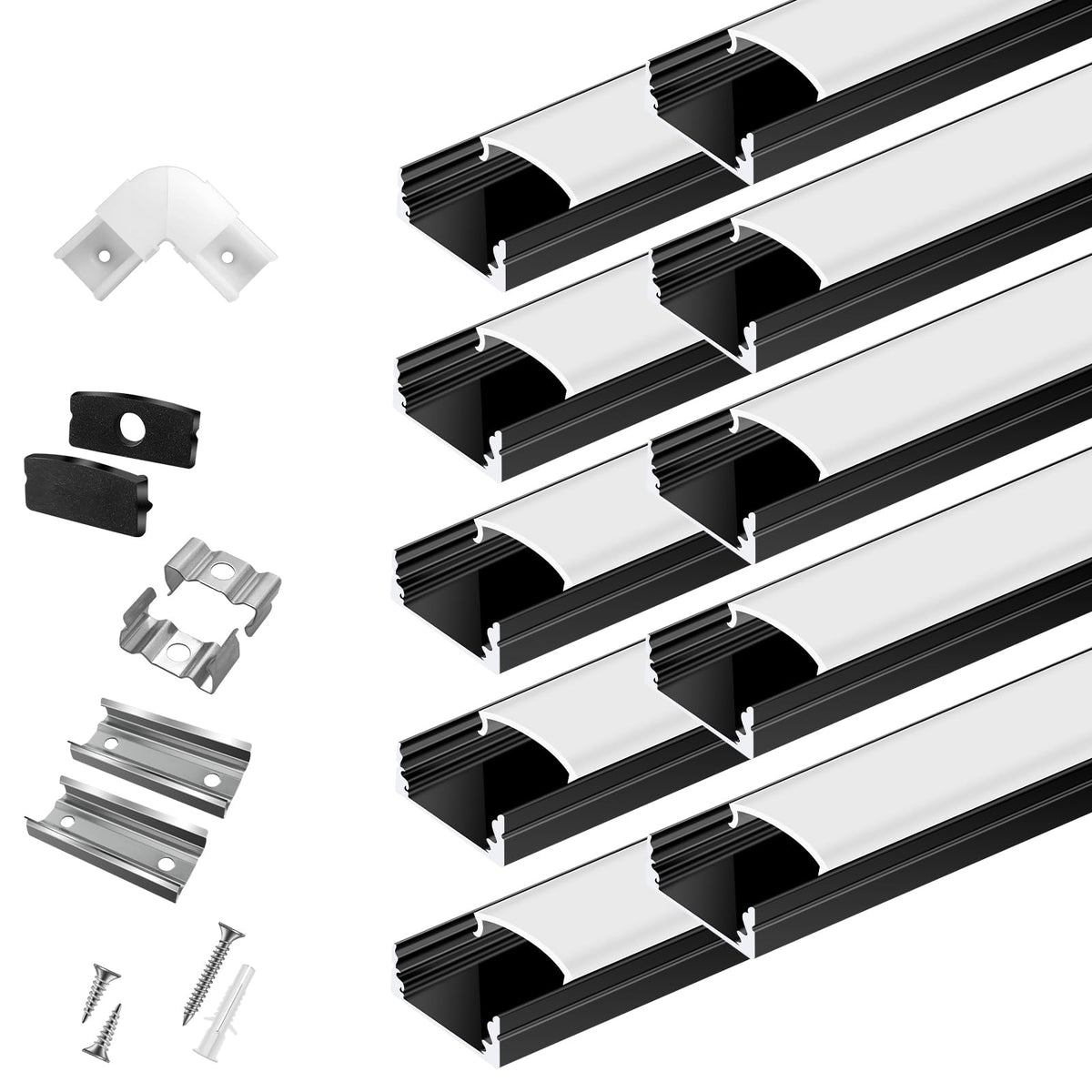 10-Pack 3.3ft/1Meter U Shape Black LED Aluminum Channel System with Milky Cover, End Caps and Mounting Clips, Aluminum Channel P