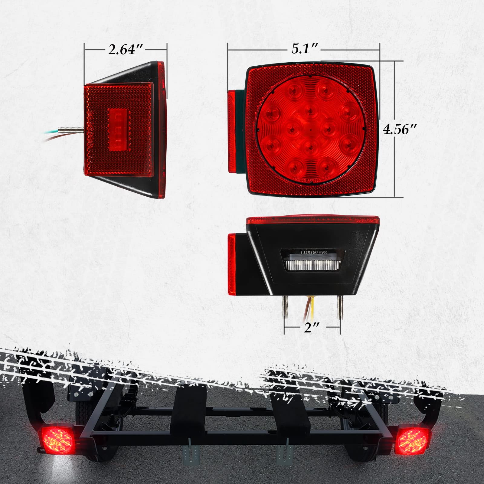 Partsam 12V Submersible Square LED Trailer Light, Red, IP68, DOT Compliant, for Trailers Under 80", Model 4332989291
