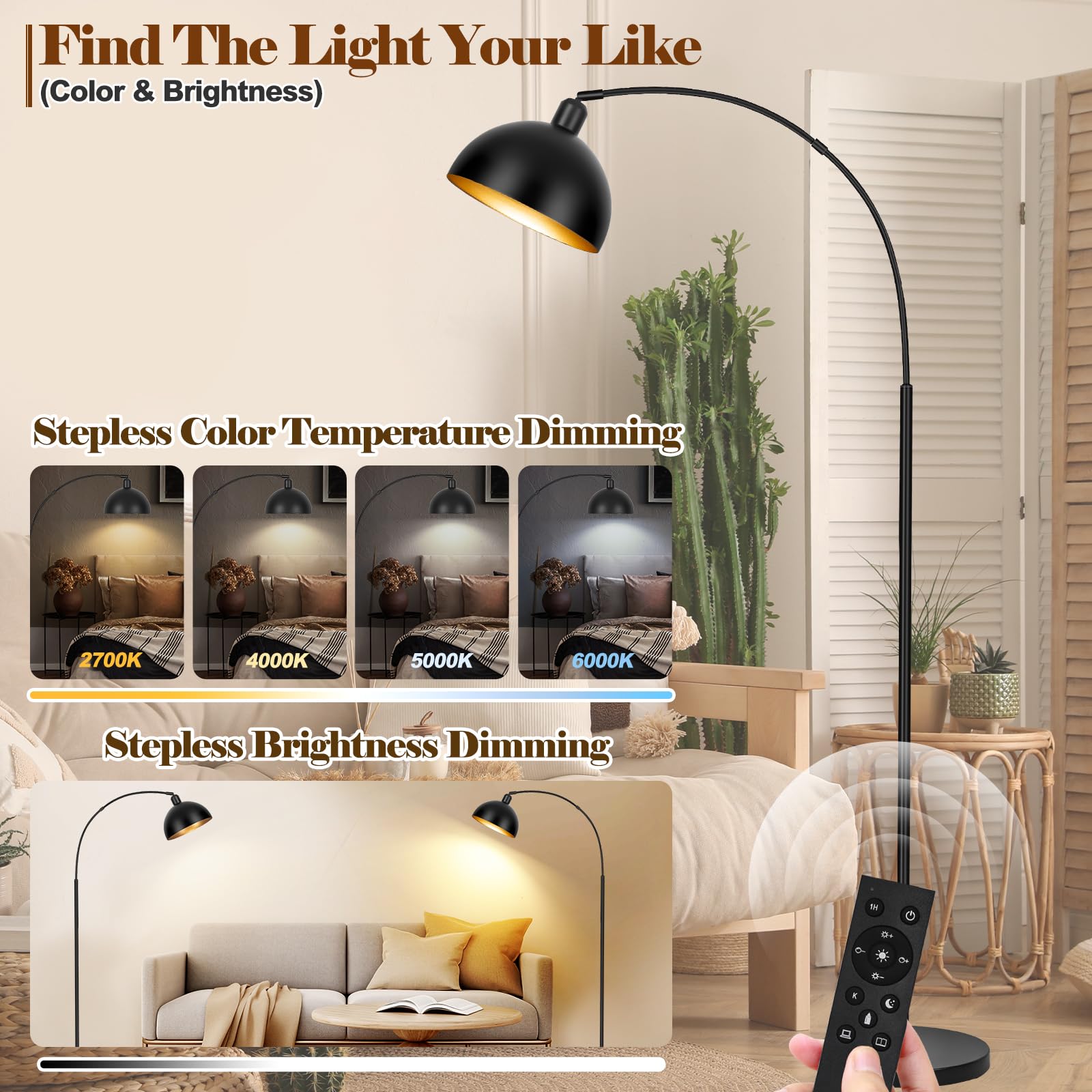 ?Upgraded?Black Arc Floor Lamps For Living Room - Dimmable Arched Floor Lamp With Remote Control & 2700-6000K 9W Led Bulb Includ