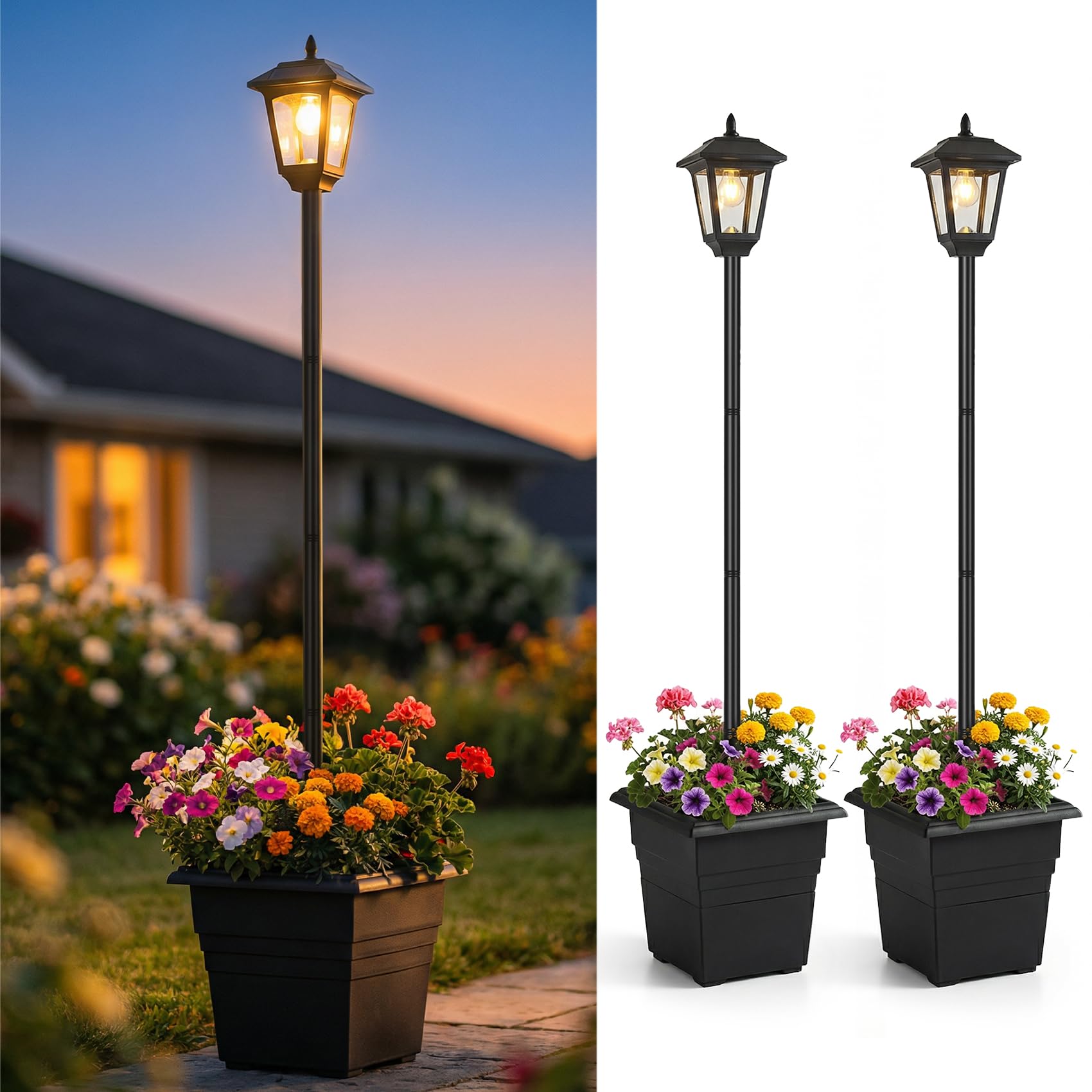 PASAMIC 2 Pack 72 Solar Lamp Post with Planter, Waterproof Solar Outdoor Light for Backyard, Garden & Patio, Outdoor Post Light 