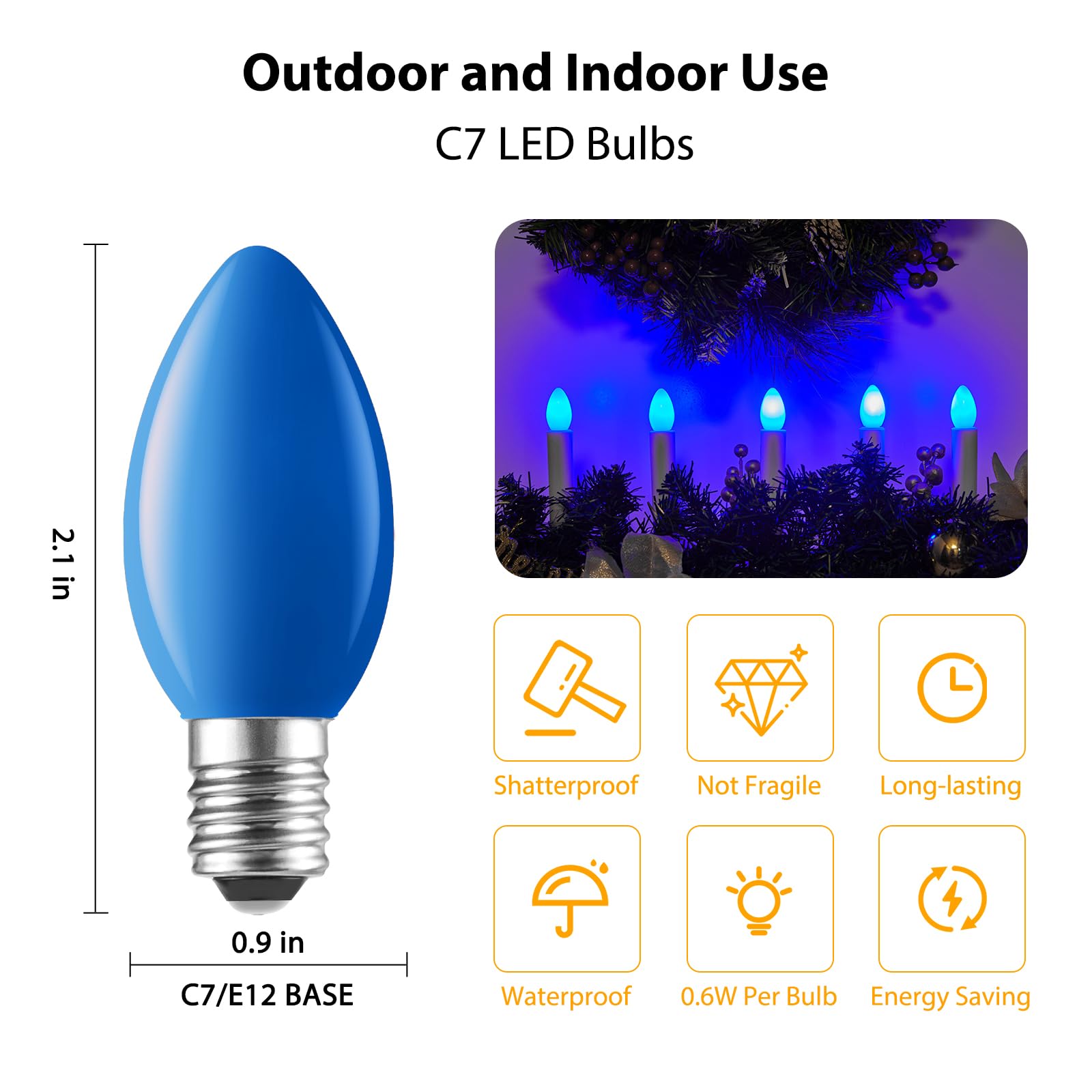 25 Pack C7 Led Christmas Lights Bulb Replacement Light Bulbs Blue Commercial Light Bulbs, C7/E12 Candelabra Base Fits C7 Christm