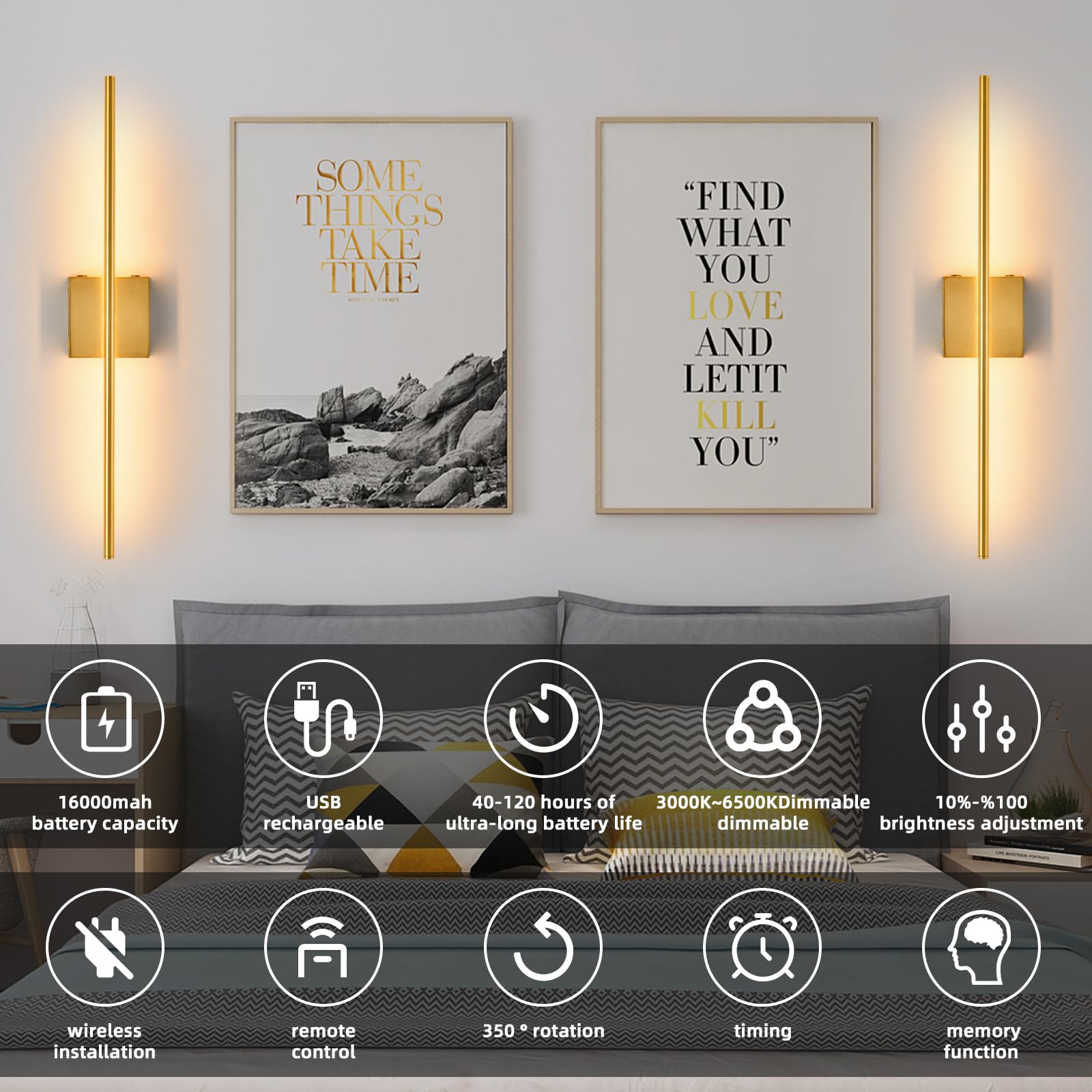 Battery Operated Wall Sconces Set Of 2, 16000Mah Brushed Gold Rechargeable Wall Sconce With Remote Control, 3000K-6000K Dimmable