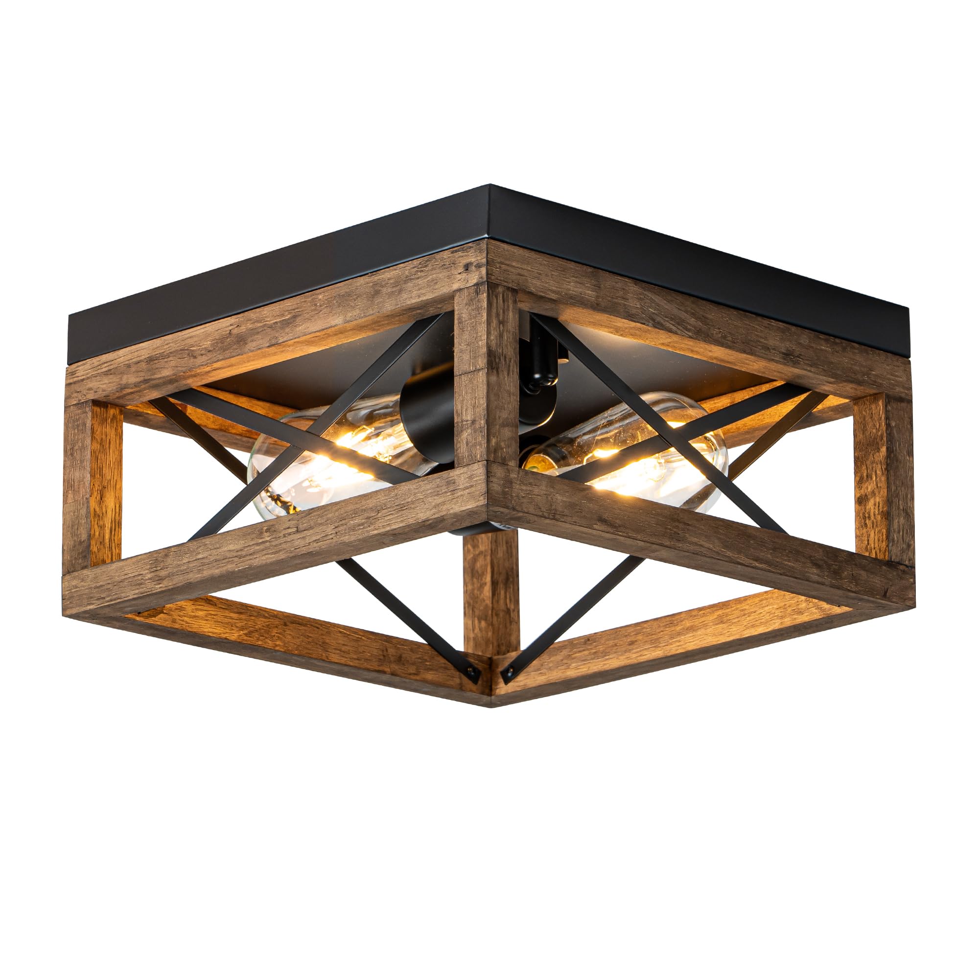 MAYNA Farmhouse Flush Mount Ceiling Light, 2-Light Rustic Design, Wood and Metal, Black-2, Perfect for Kitchen, Hallway, Bedroom, Dining Room