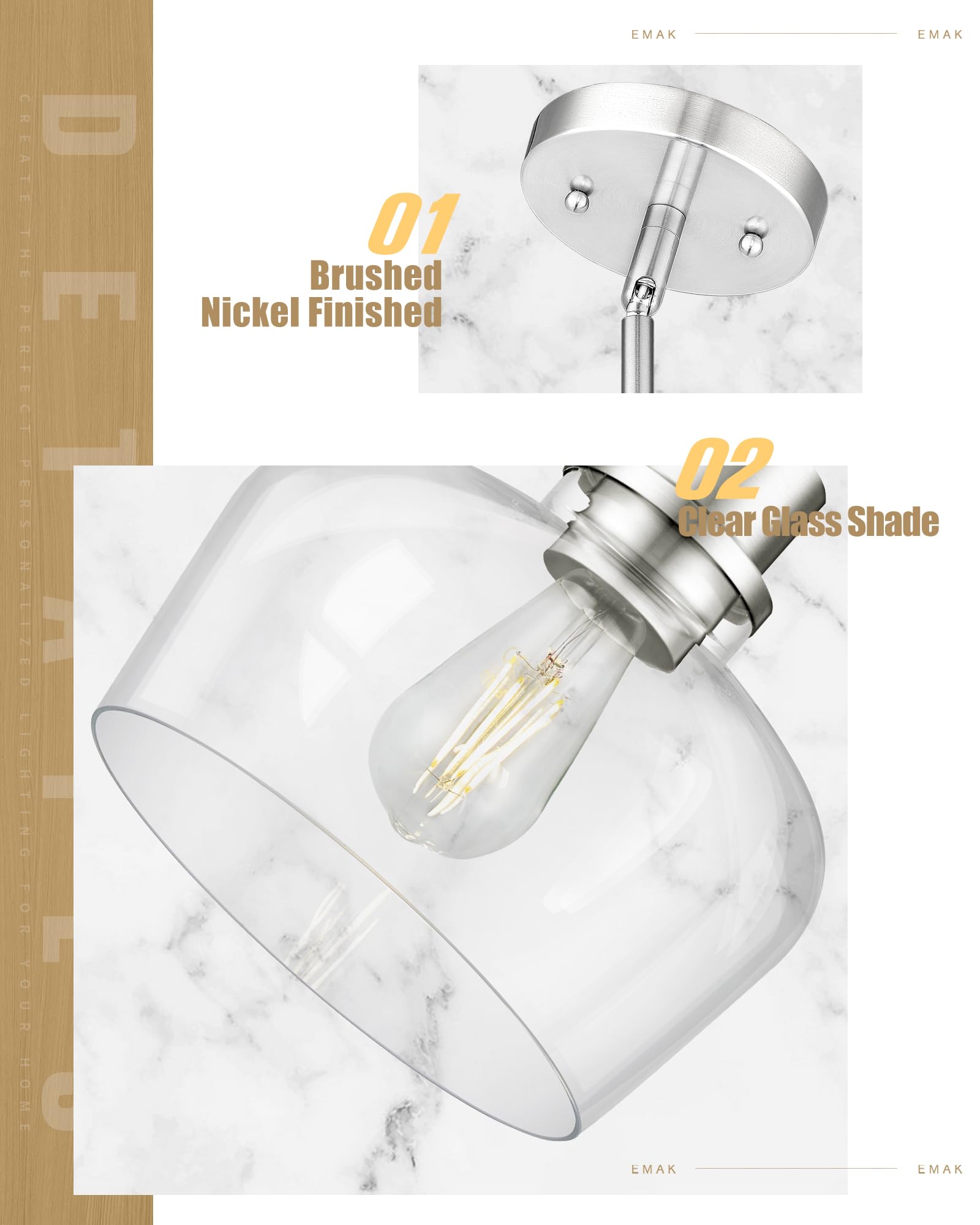 Emak 10 Inch Brushed Nickel Pendant Light, Modern Large Pendant Lights Kitchen Island, Hanging Lights With Clear Glass Shade For