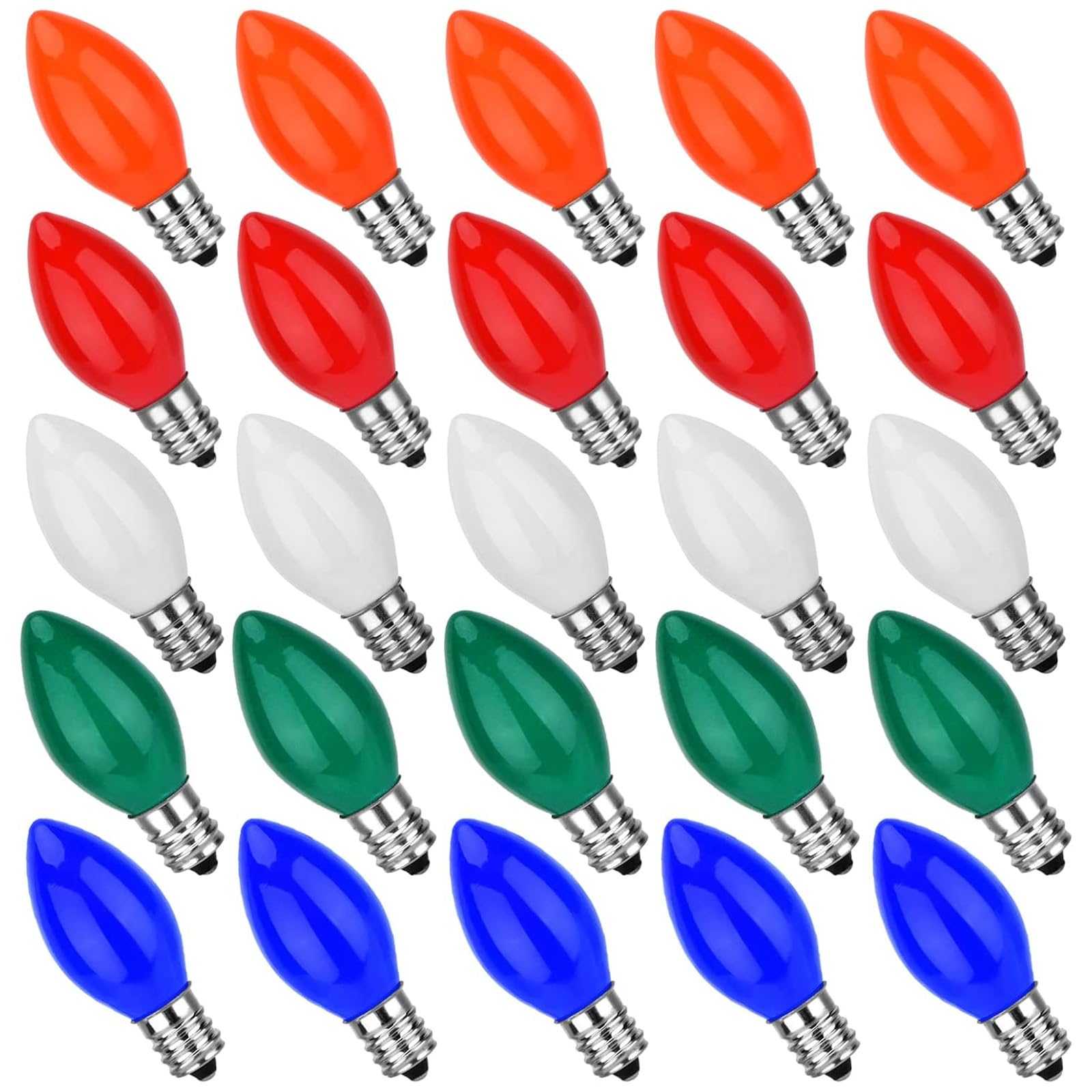 Bokoiuu C7 Replacement Light Bulbs Multicolor, 25 Pack Christmas Multicolor Night Bulbs, C7/E12 Candelabra Base For Ceramic Outd