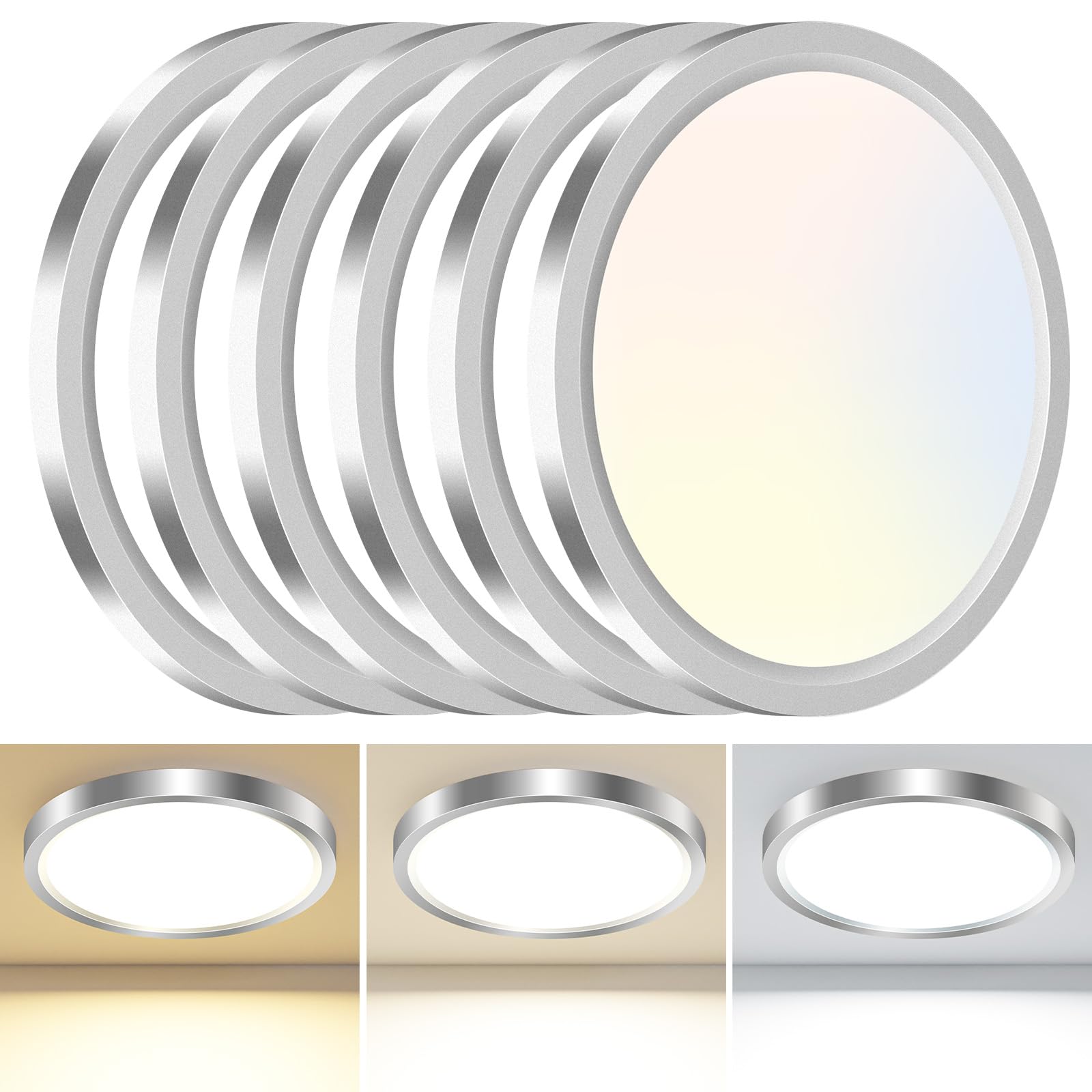 hepside 6PACK LED Flush Mount Ceiling Light - 3CCT Selectable 3000K-4000K-6500K & 100W Equivalent Modern Kitchen Recessed Ceiling Lamp 24W 3200Lm 12 Inch for Bathroom Closet Laundry Bedroom Hallway