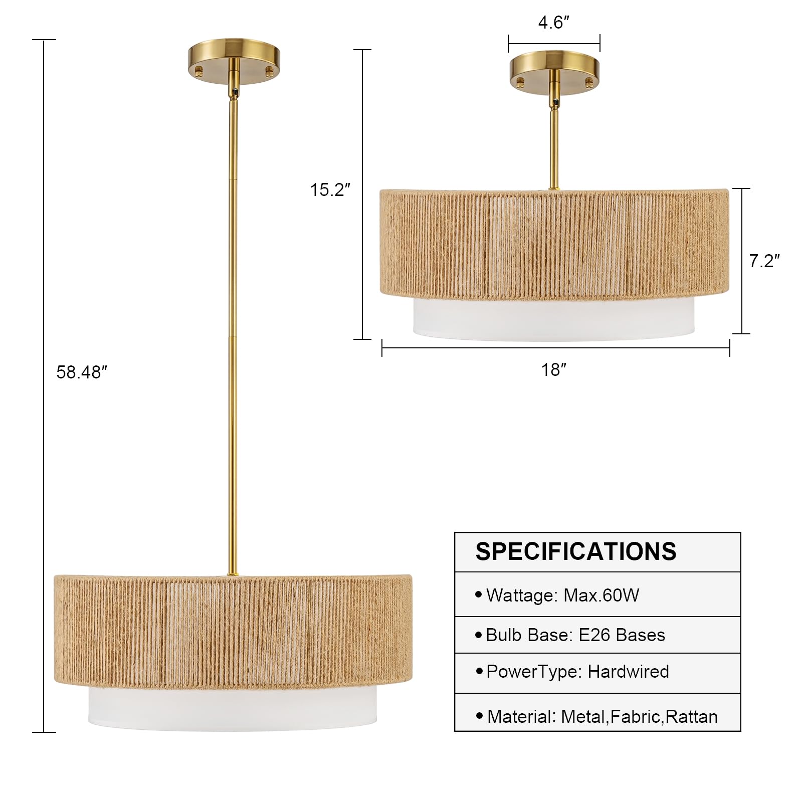 SineRise 18'' Rattan Chandelier, 3-Light Boho Pendant Light Fixture, Gold Fabric Shade for Dining Room, Bedroom, Kitchen and Hallway