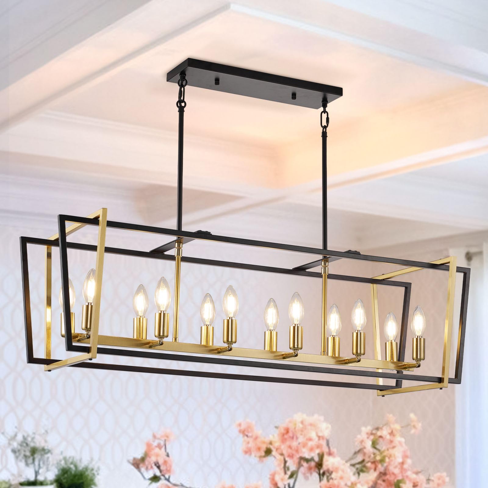 Sdorens 40'' Dining Room Light Fixture/Chandelier Over Table, 12-Light Kitchen Island Lighting,Hanging for Farmhouse Linear Rect