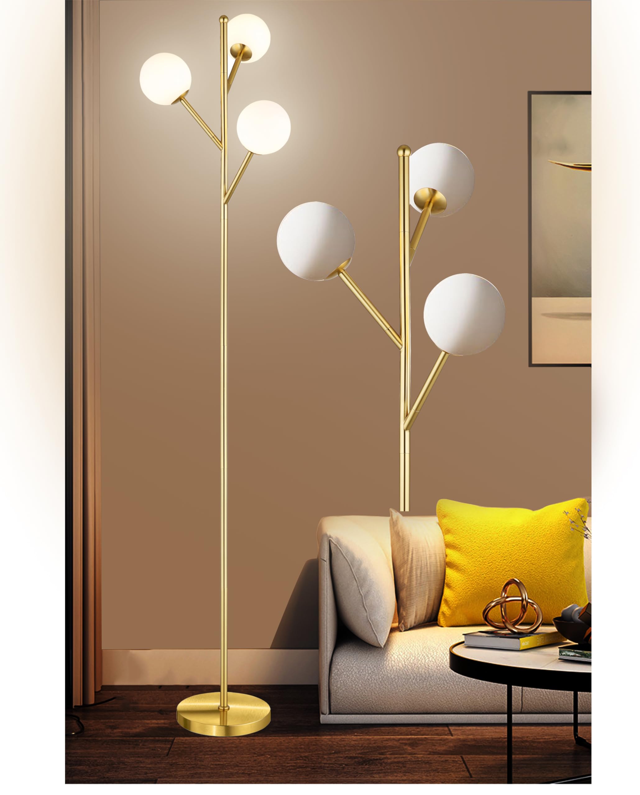 Ldeco 3-Globe Mid Century Tree Floor Lamp and Bulbs Included,70in Tall Standing Glod Floor Lamp with Frosted Glass Shade for Liv