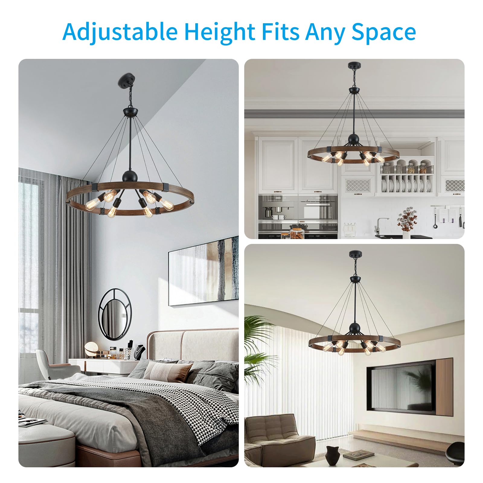 Xingqi 31.5" Wagon Wheel Chandeliers Large Modern Farmhouse Light Fixture, Black & Wood Grain Finish 6-Light For Dining Room Living Room Office