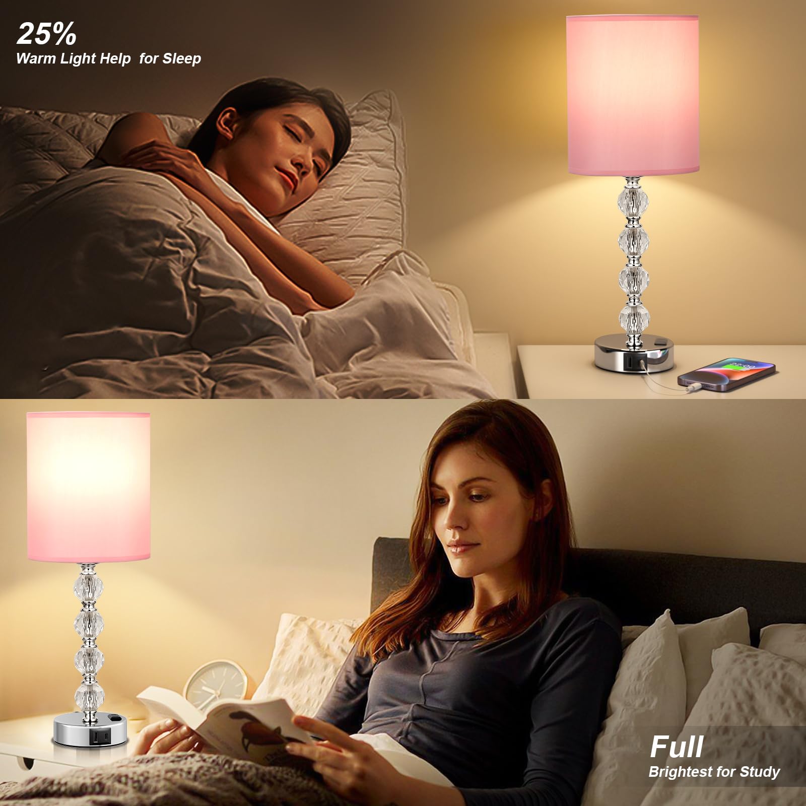 Acaxin Touch Bedside Crystal Lamp, 3-Way Dimmable, 18.5in, USB C+A Charging Port, AC Outlet, Pink, Model ACA-TL-Mini4