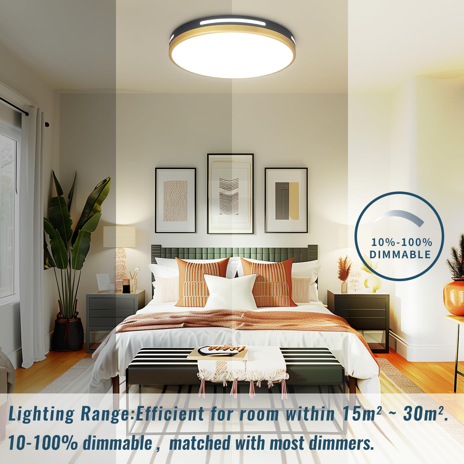 Wheatronic 15 Inch Led Flush Mount Ceiling Light Fixture Black And Gold, 36W Dimmable Kitchen Lighting Fixtures Ceiling Led, Modern Light Fixtures Ceiling Mount For Bedroom, Bathroom, Living Room