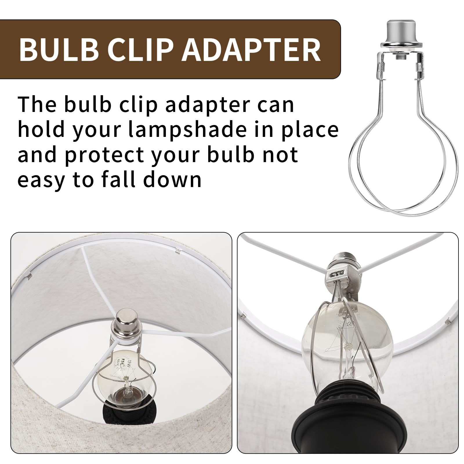 ALUCSET 2 Pack Round Lamp Shade Light Bulb Clip Adapter, Silver, Clip-on with Finial Top Bracket Holder