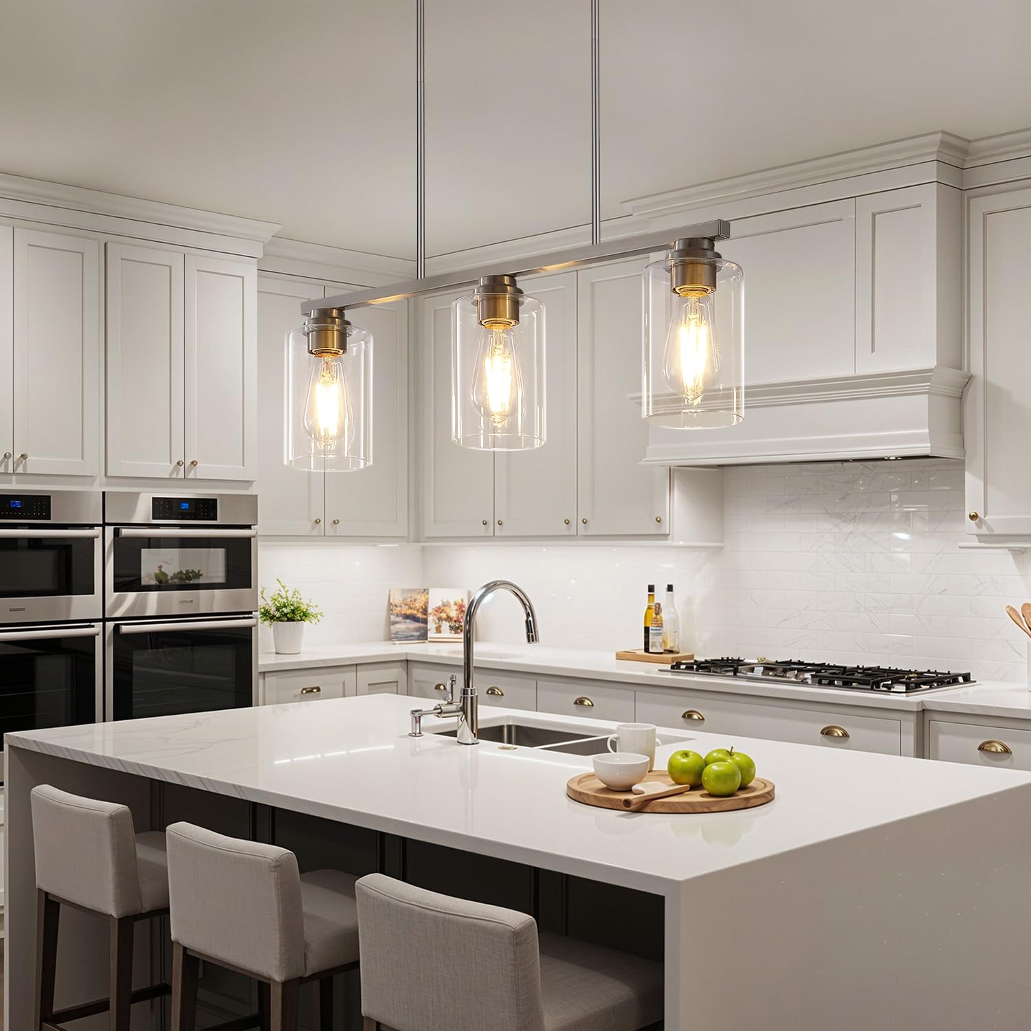 Mecgirn Island Light For Kitchen  Brushed Nickel Dining Room Light Fixture Over Table  3-Light Linear Chandelier Pendant Lighting For Dining Table Kitchen Island Living Room