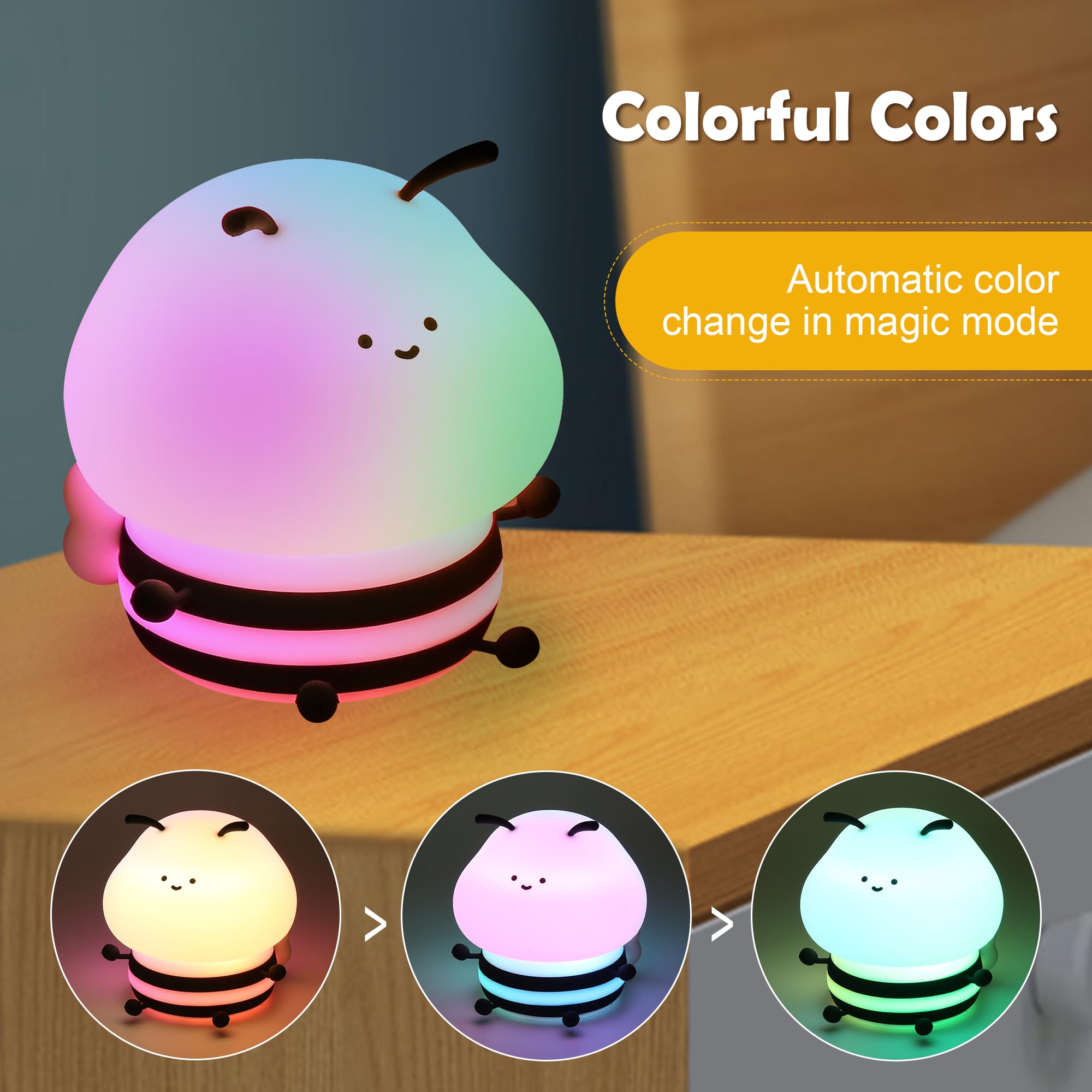 Soledun Bee Silicone Night Light - Dimmable RGB Lamp with USB Rechargeable Touch Control for Kids' Bedroom & Nursery Decor