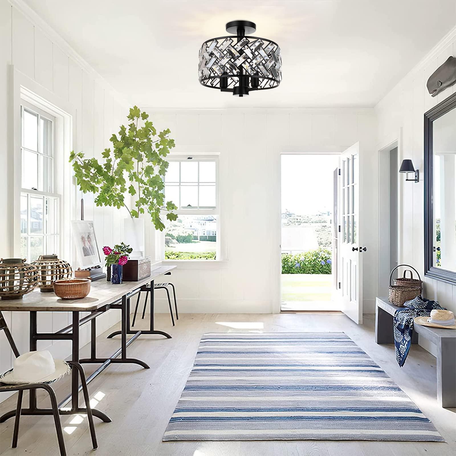 Frideko Home Semi Flush Mount Ceiling Light - 3-Light Crystal Ceiling Light Fixture Black Kitchen Light Fixtures For Bedroom Hal