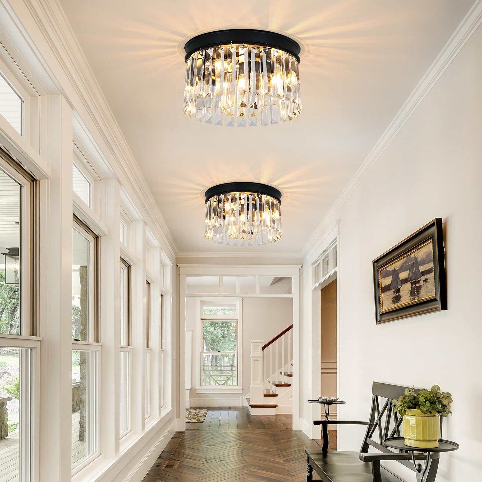 Black Flush Mount Ceiling Light Fixture, 12 Inch Modern Light Fixtures Ceiling, 3 Lights Crystal Chandelier Lighting For Living