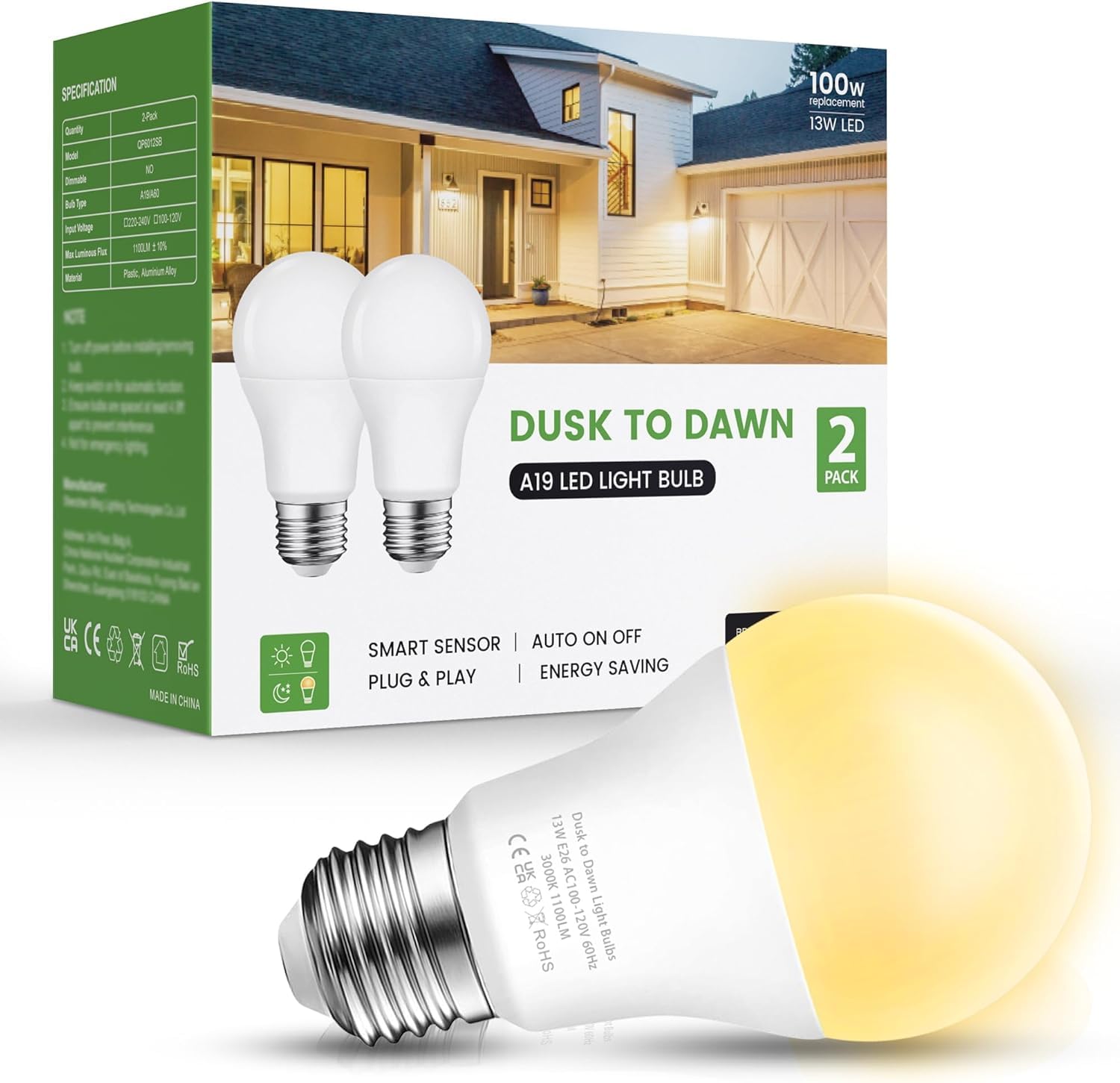 Alexpex Dusk To Dawn Light Bulbs, 100W Equivalent Outdoor Led Bulbs, 3000K Warm White, A19 E26 Sensor Light, Automatic On Off Ph