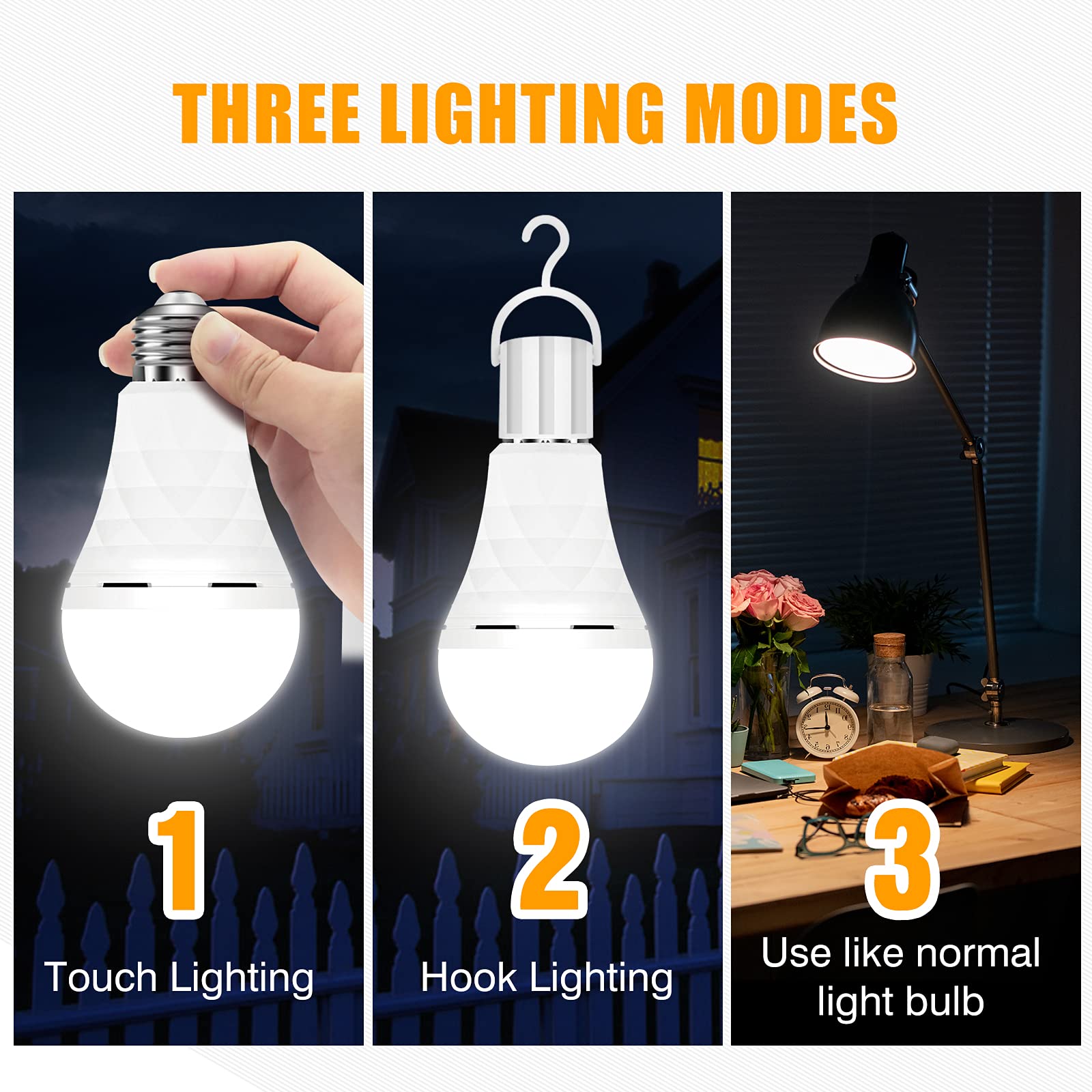 BoRccdit A19 Rechargeable Light Bulbs, 12W LED, 5000K Natural White, 4 Count, E26/E27, Emergency Use, ABS Material