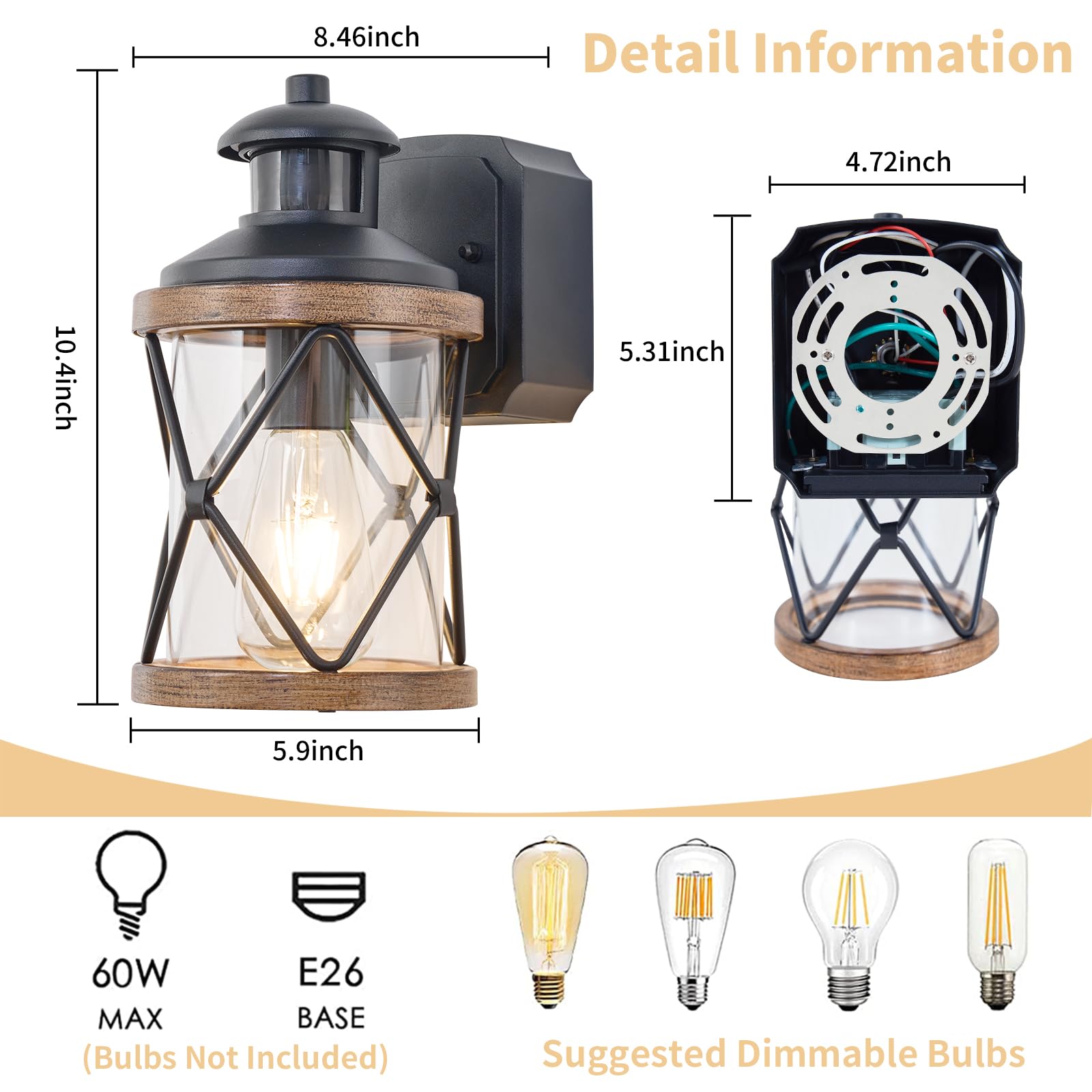 Dusk To Dawn Motion Sensor Outdoor Porch Light With Gfci Outlet 3 Lighting Modes Anti-Rust Waterproof Industrial Outdoor Lantern Ul Etl Listed Exterior Work Lights Rustic Wall Light (Round-2Pack)
