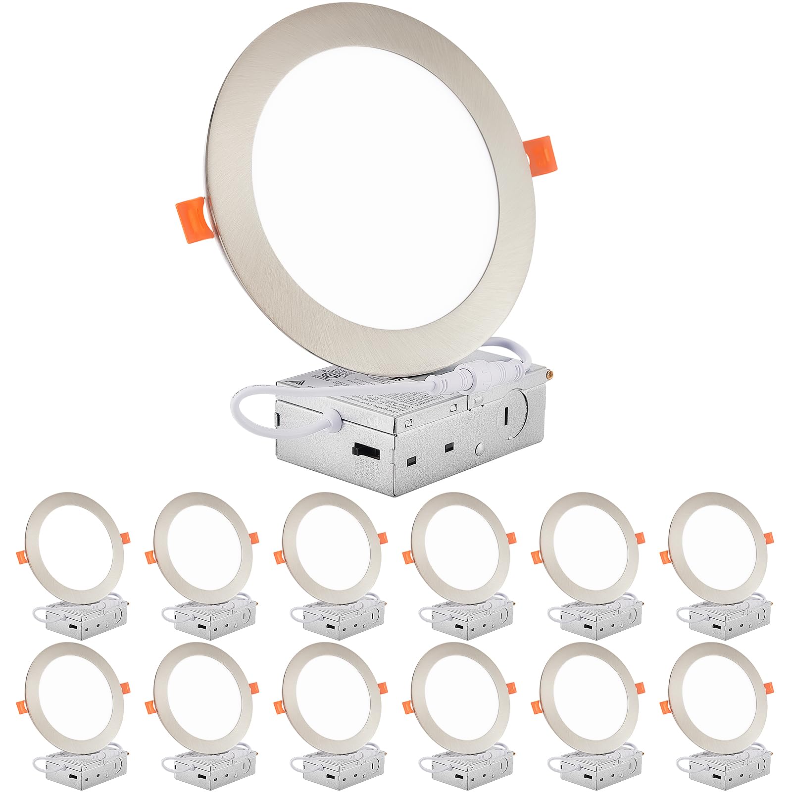 Dllt Led Recessed Ceiling Lights: 12 Pack 6 Inch 5Cct Ultra-Thin Lighting With Junction Box For Bedroom - 1200Lm Brightness 12W Eqv 110W Dimmable Canless Wafer Downlight With Etl&Fcc-Nickel Brush