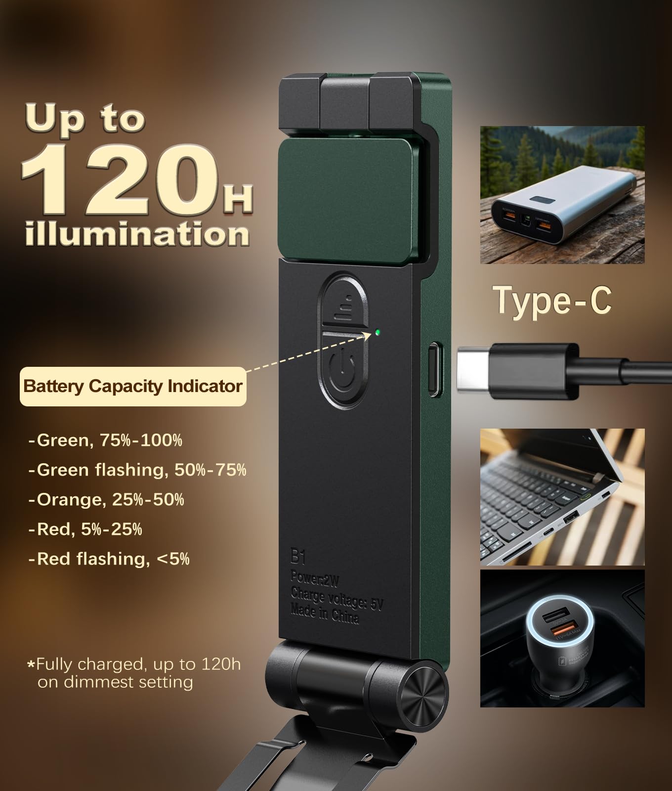 VTIGER USB Rechargeable Book Light, Foldable Clip-on LED, 3 Amber Colors, 4 Brightness Levels, Green, Model B1