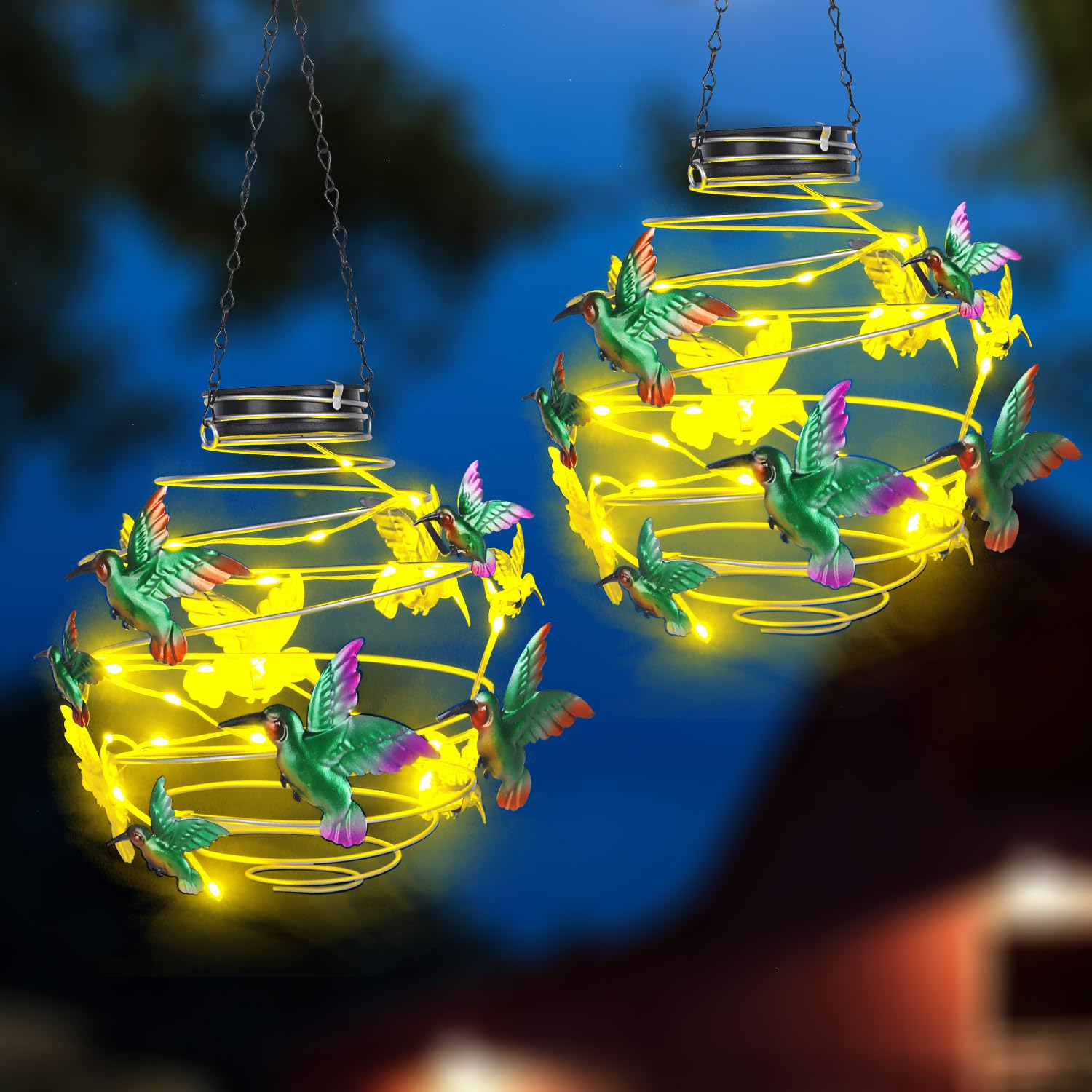 2 Pack Hummingbird Solar Lights Outdoor Hanging Lantern with Handle, Solar Powered Hummingbird Garden Decor for Outside Patio Ya